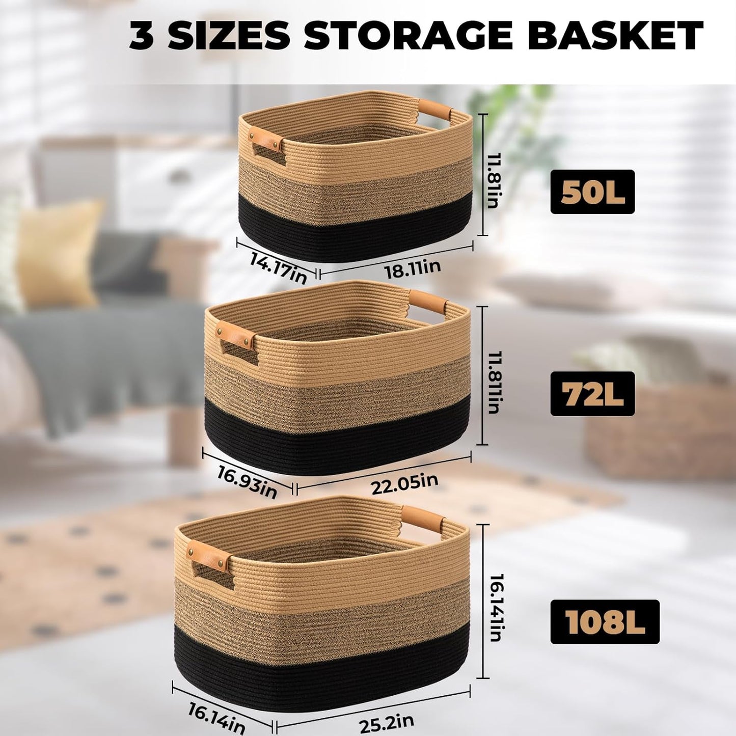 danpinera Large Blanket Basket for Living Room,72 L Rectangle Toy Storage Basket for Nursery Room, Woven Rope Storage Box with Leather Handle, 22’’*17’’*11.8’’, Gradient Linen