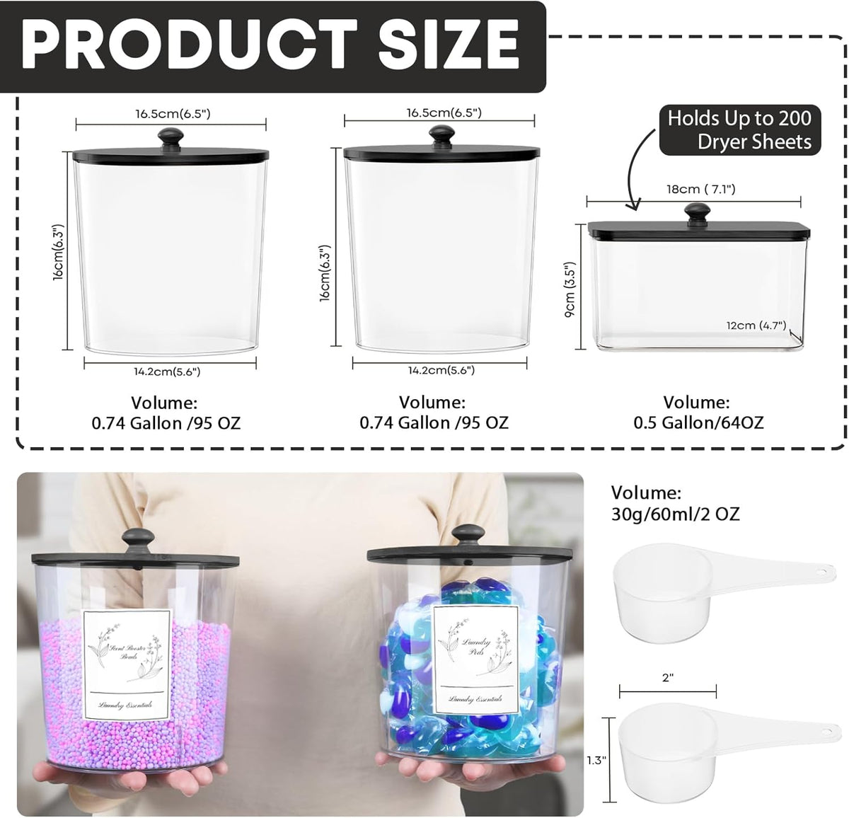 COAZEX 3 Pack Laundry Powder Container & Dryer Sheet Holder, Plastic Laundry Room Organization and Storage Jars with Lids, Labels & Scoops for Powder, Detergent, Scent Booster (Black Lid)