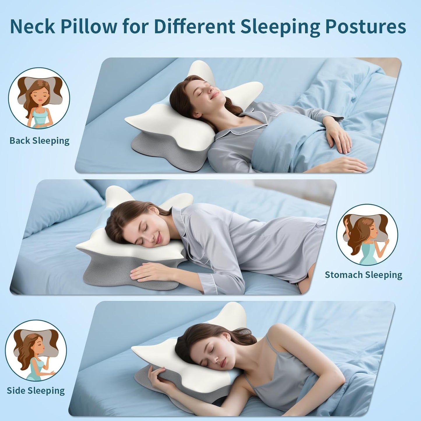 Cervical Pillow for Neck and Shoulder Pain Relief - Ergonomic Neck Pillow for Sleeping, Contour Memory Foam Pillows Side Sleeper Pillow, Bed Pillow for Side Back Stomach Sleepers(White & Blue)