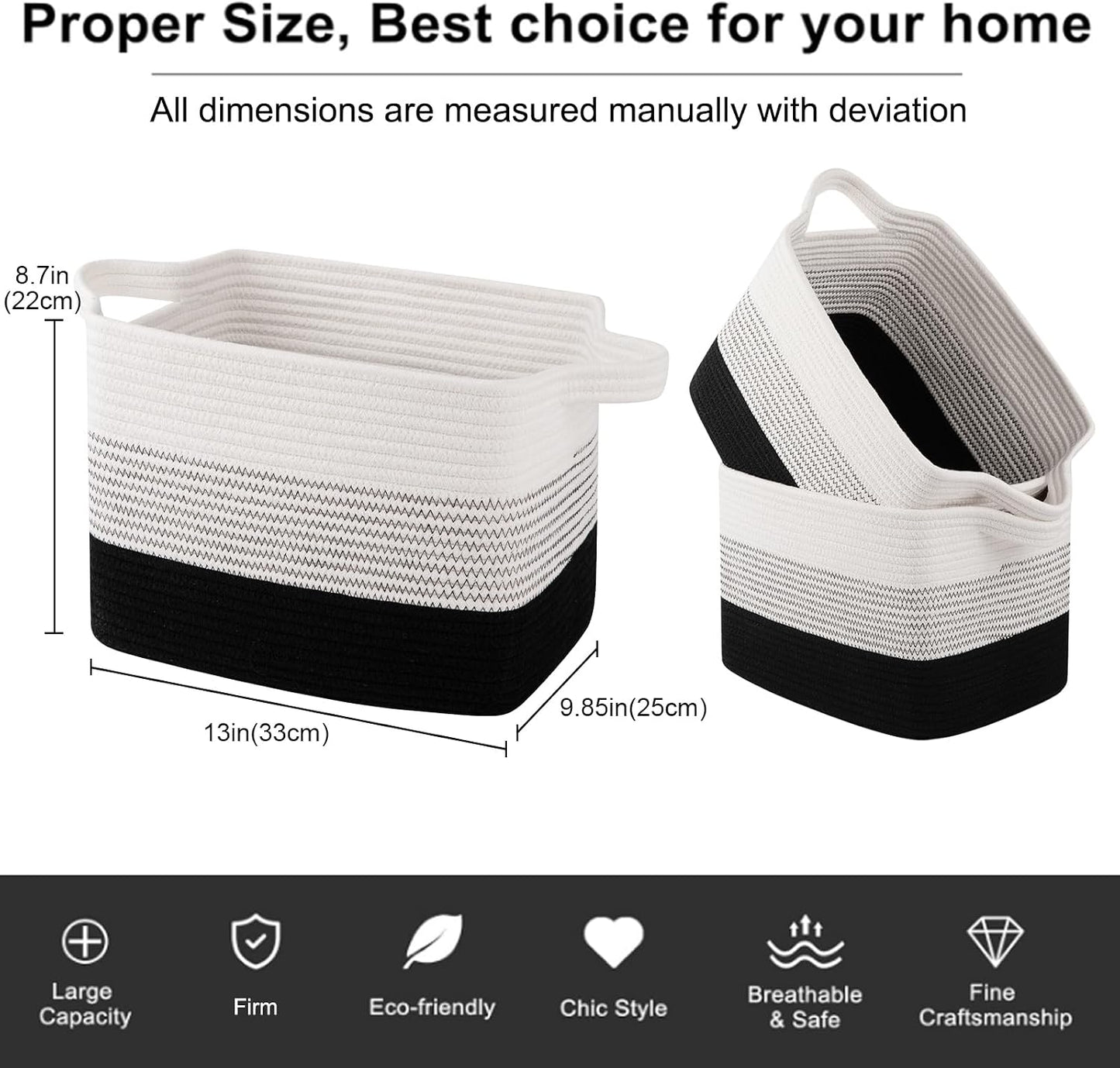 OIAHOMY Storage Basket, Woven Baskets for Storage, Cotton Rope Basket for toys,Towel Baskets for Bathroom - Pack of 3, Gradient Dark