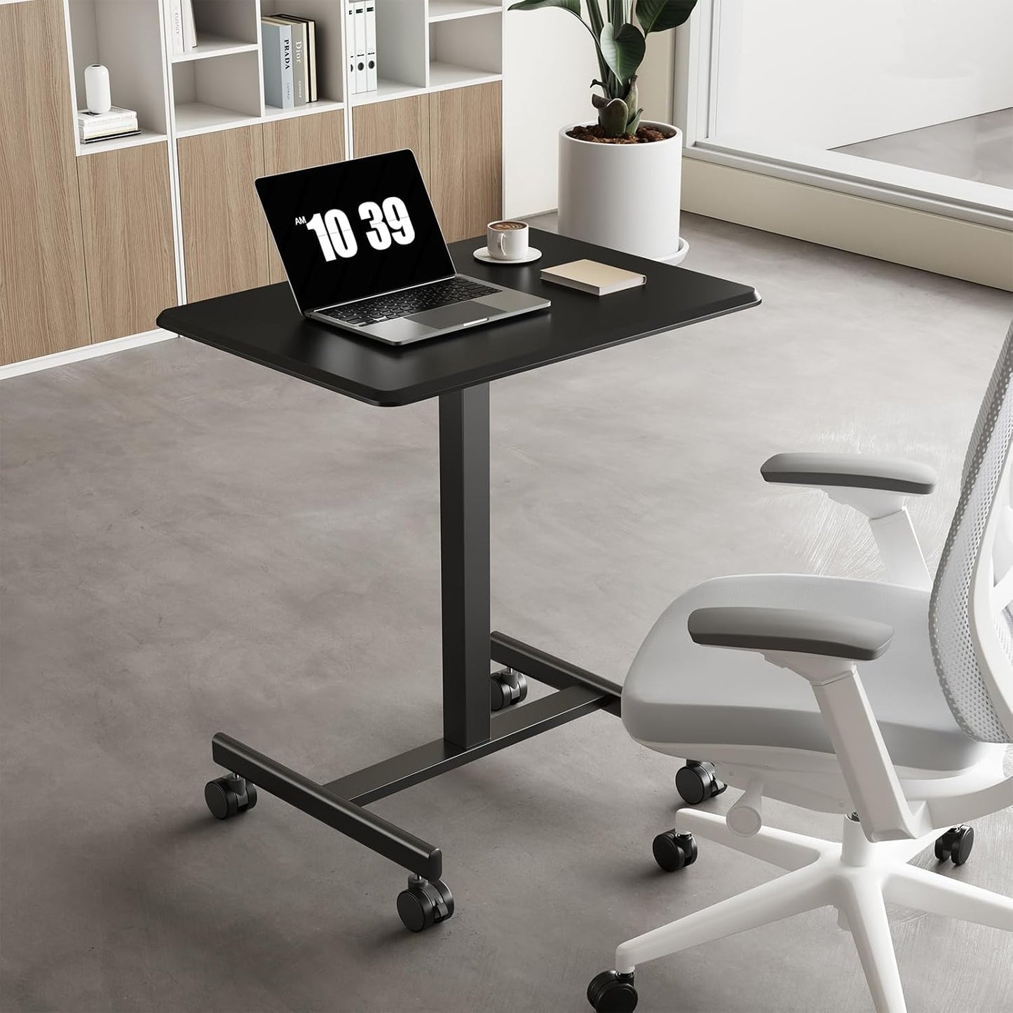 OLIXIS Mobile Rolling Desk with Wheels Small Standing Laptop Desks Portable Pneumatic Adjustable Height Sit Stand Table Computer Workstation for Home Office Black