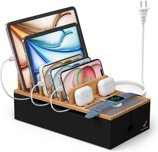Pezin & Hulin Docking Station for Multi Devices -Natural + Black | Cable Management Box, with 5 Port Charge Adapter, 6 Cable, Wire Organizer for Cord, Box to Hide Cord and Storage Power Strip