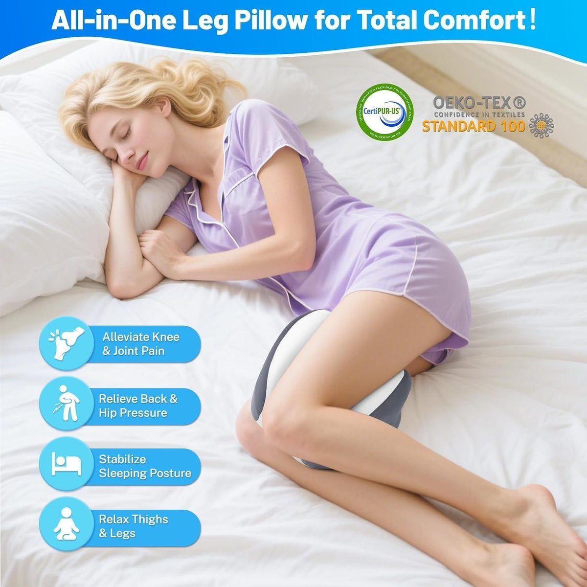Knee Pillow for Side Sleepers, Leg Pillow with Cooling Cover, Memory Foam Body Pillow for Side Sleeping, Heart-Shape Cushion for Hip, Back & Sciatica Pain Relief, Grey