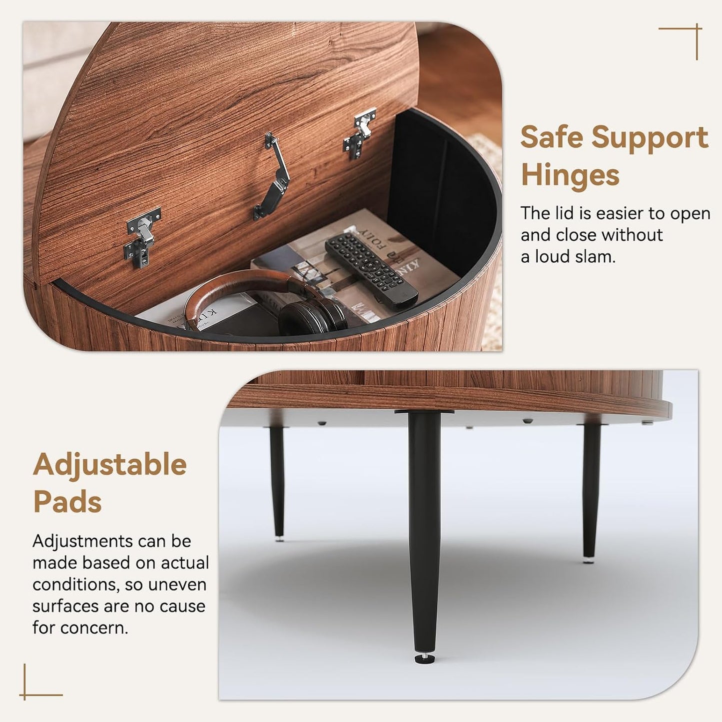 ARTPOWER 31.5" Round Coffee Table with Storage Mid Century Brown Walnut | Easy Assembly,Solid Walnut,Heavy Duty,Flip Top Storage,Fluted Tambour Door,Water&Scratch Resistant Easy Clean,110lbs Capacity
