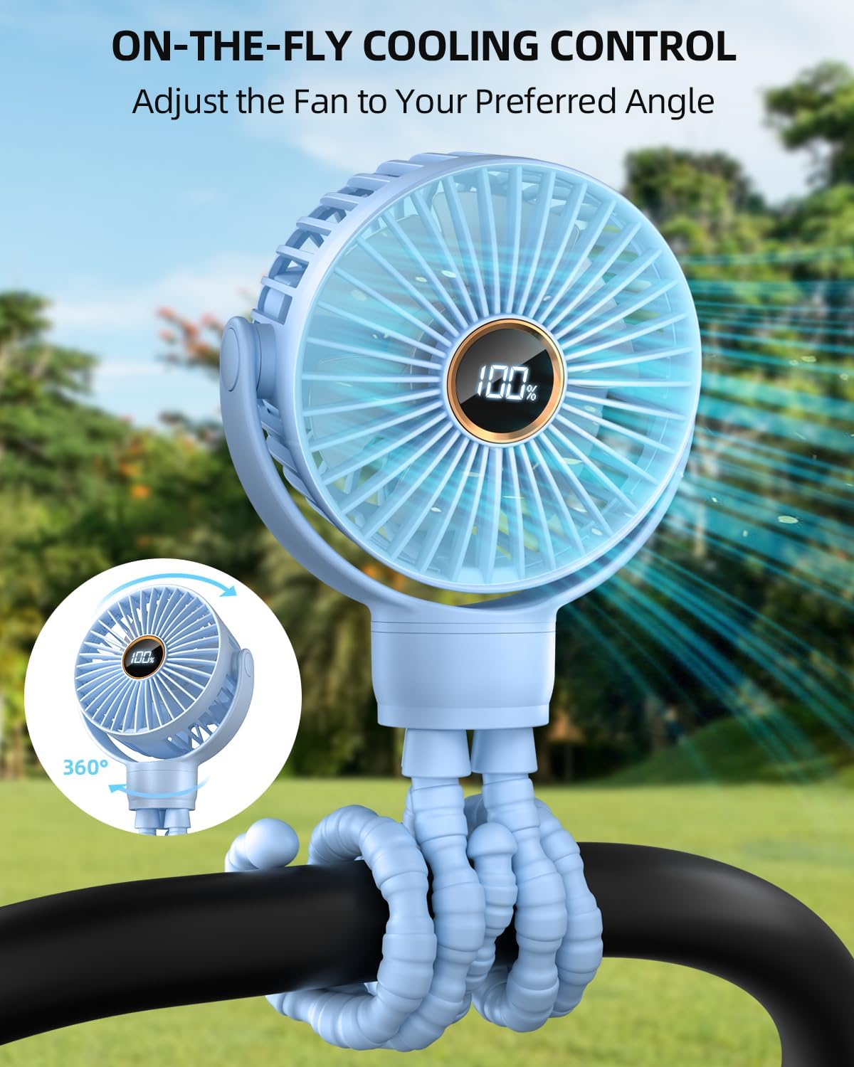 buywoo Portable Stroller Mini Fan, Small Rechargeable Personal Fan, Travel Essentials for Baby, Wagon, Car Seat, Treadmill, Battery Powered Biking Gear Accessories, 360° Rotation, 3-Speed, Display