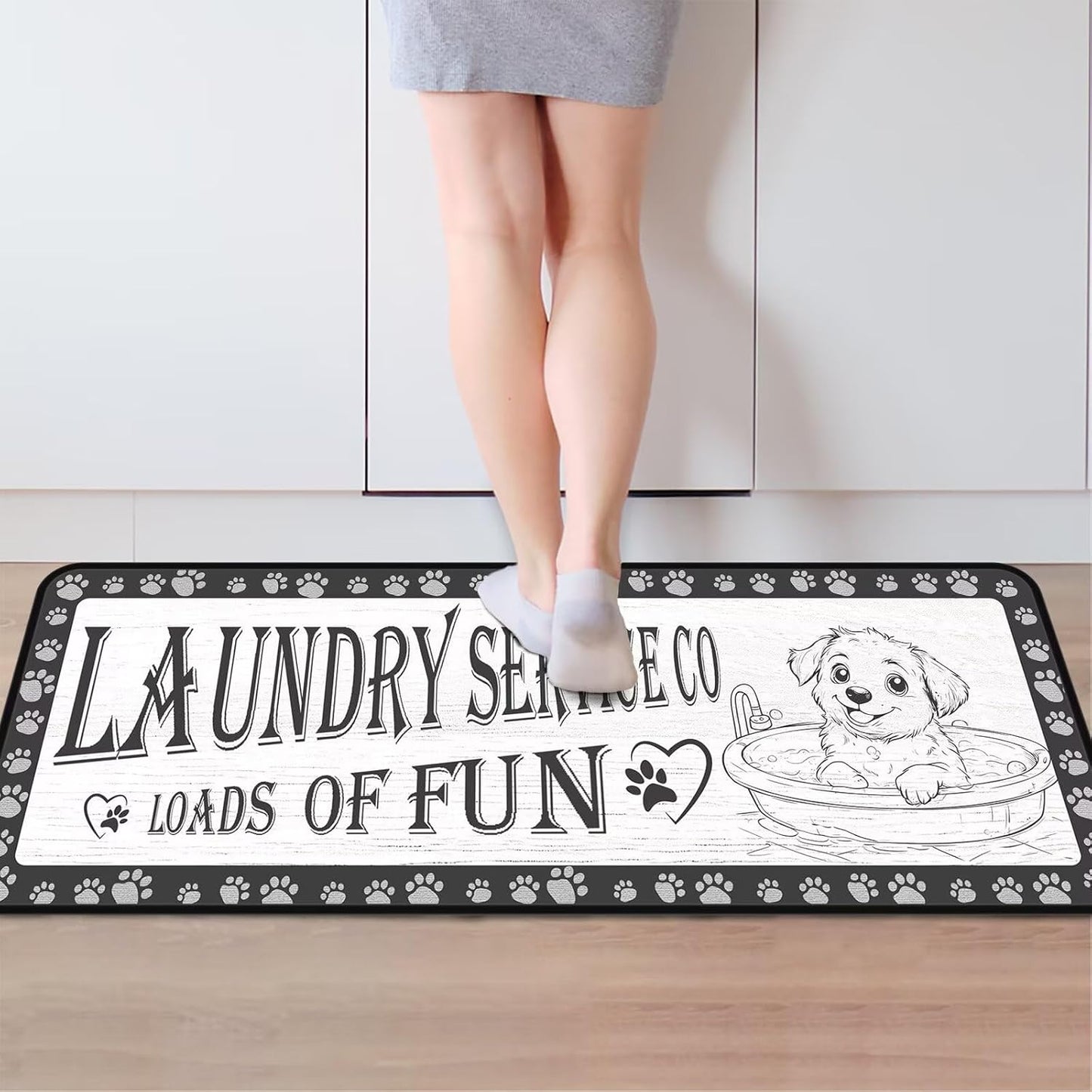 Dog Paw Laundry Room Rug Runner 20"x47" Gray, Non Slip Rubber Backing, Machine Washable Floor Mat for Laundry, Bathroom, Entryway, Mudroom