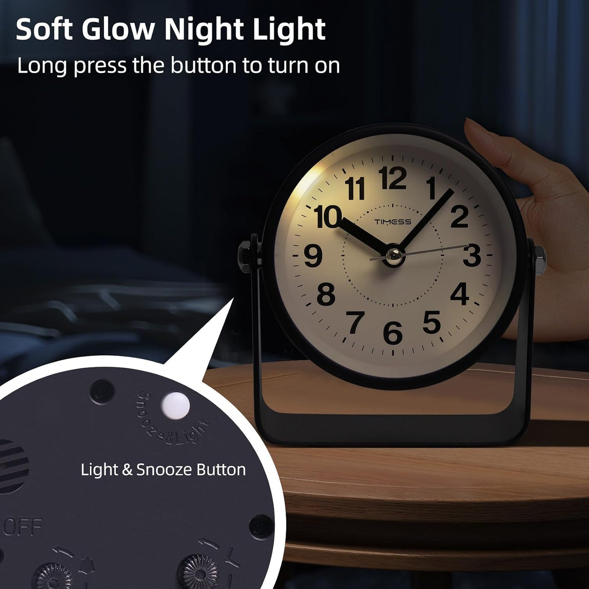 TIMESS Analog Alarm Clock with Snooze & Light, Silent Non-Ticking, Black