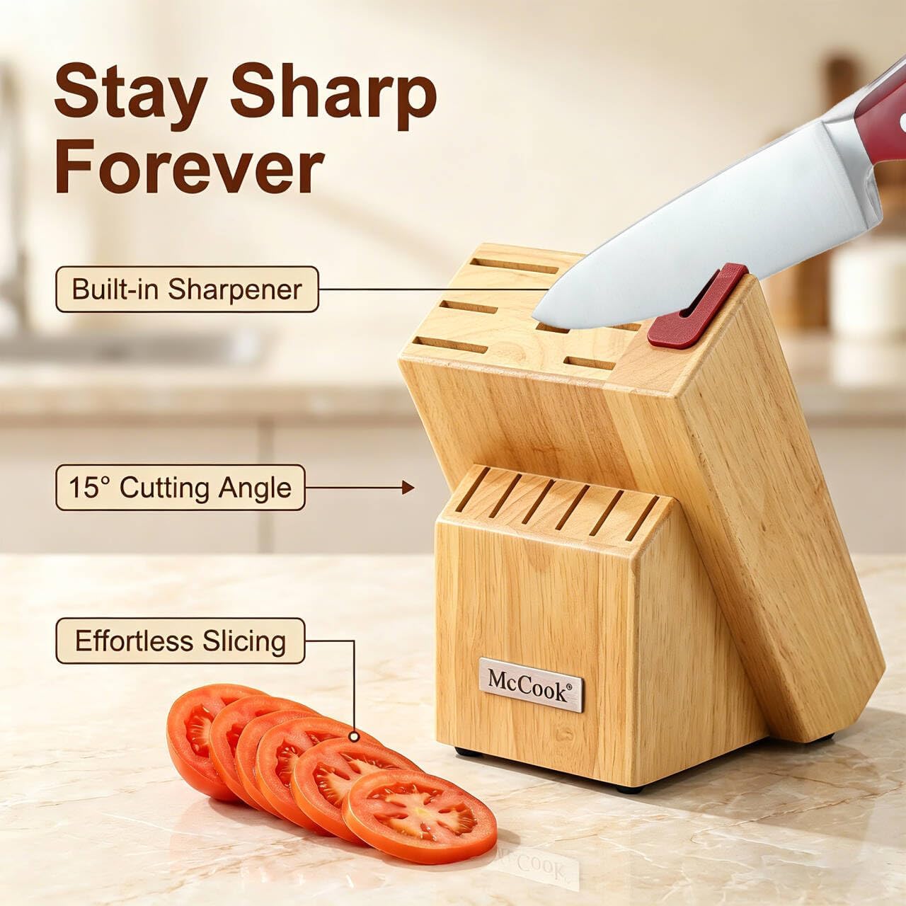 McCook® Stainless Steel Kitchen Knife Sets with Wooden Block, Kitchen Scissors and Built-in Sharpener, Red