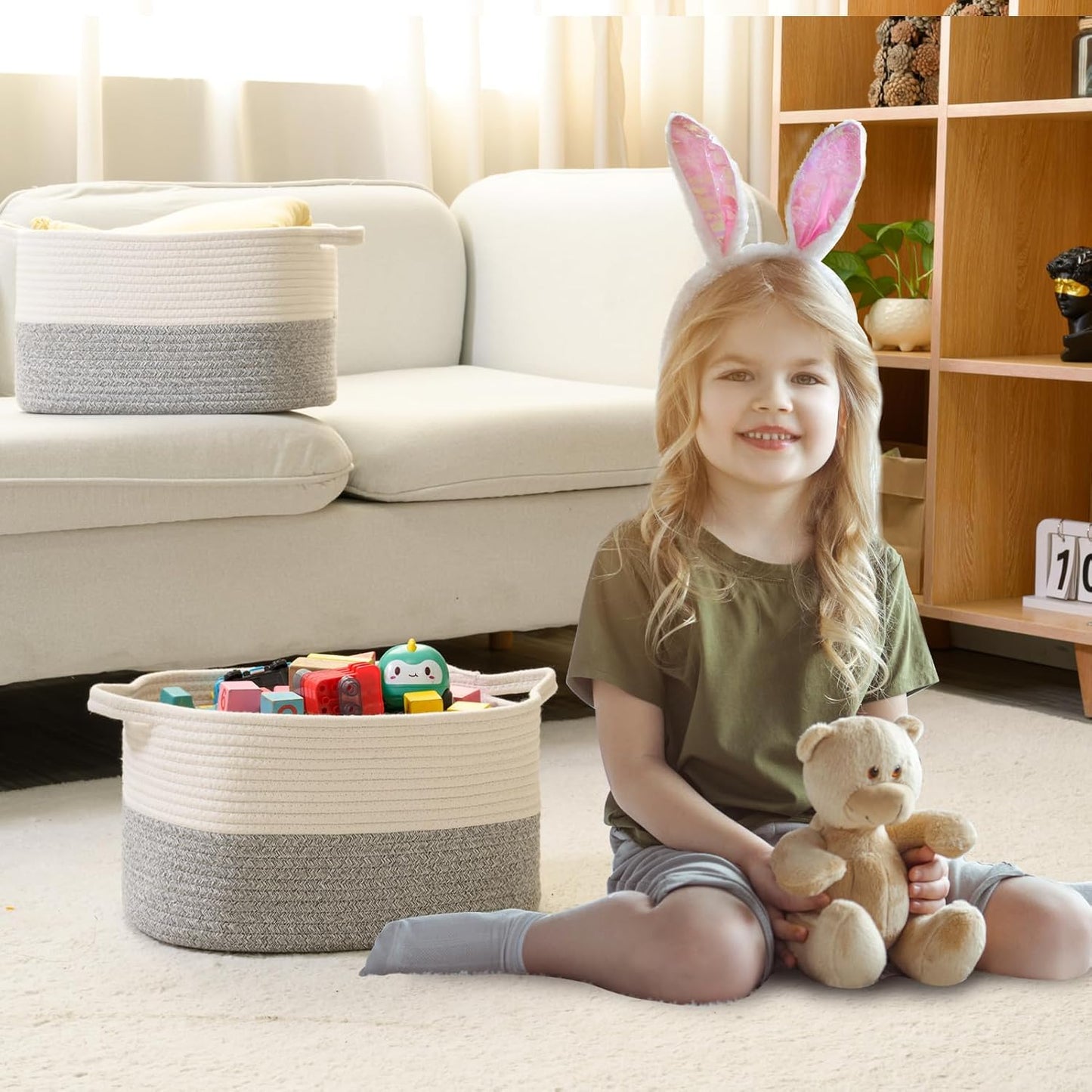 DUHEL Cotton Rope Woven Storage Basket(White&Grey-3PCS) | Used for Baby Hamper Toy Organizer, Gift Baskets Empty,Kids,Baby,nursery. Size 15x10x8.7 Inches.