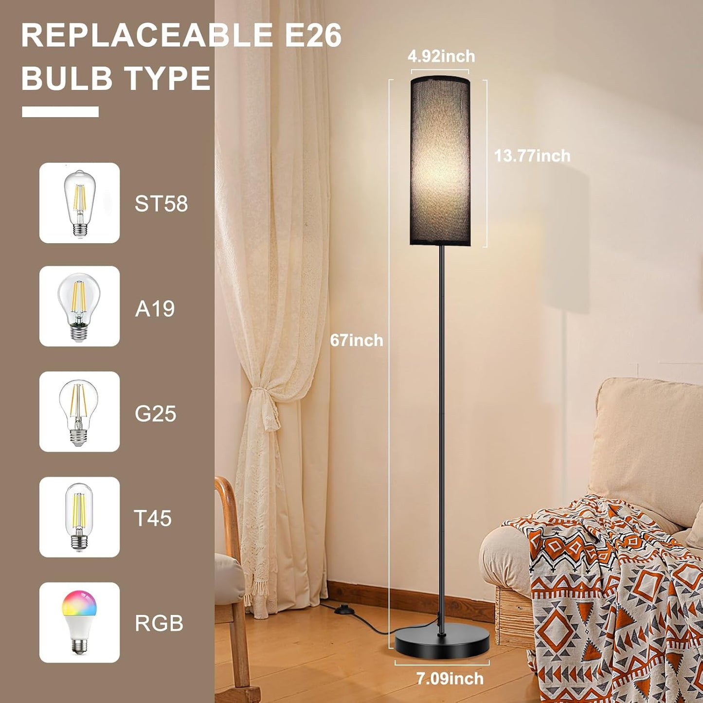 FRIDEKO HOME Floor Lamp, Color Changing Ambient Lighting for Living Room Bedroom, Standing Lamp with App & Remote Control, Tall Corner Lamp for Christmas Home Decor, 9W 800LM, Foot Switch, Black Shade