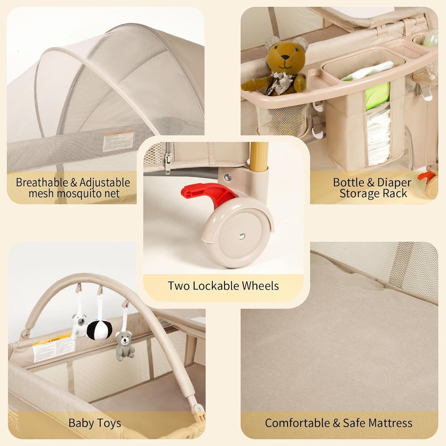 Baby Bassinet 5 in 1 Pack and Play,Baby Crib Adjustable Beside Sleeper One-Second &One-Hand Setup,Portable Playard Foldable Playpen for Newborn,Babies and Toddlers with Changing Table,Mattress (Beige)