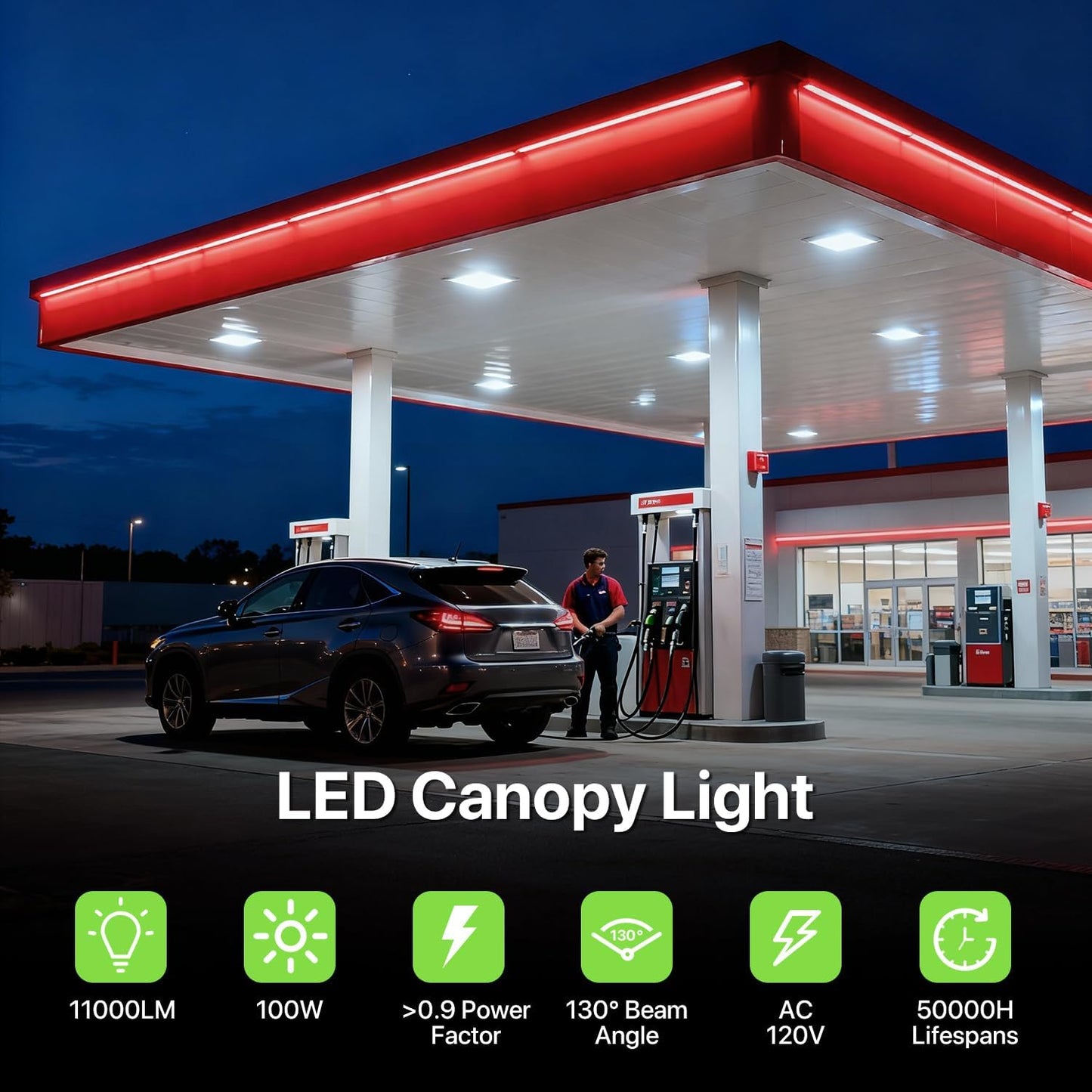 Glitgate 100W LED Canopy Light, 100W/80W/60W Adjustable, 3000K/4000K/5000K 3CCT Selectable Canopy Lights, 110/120V IP65 Outdoor Waterproof Commercial Ceiling Light for Parking Lot, Garage, Gas Station