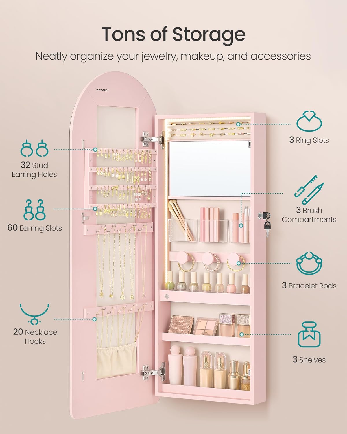 SONGMICS Wide Jewelry Organizer, LED Jewelry Cabinet Wall/Door Mounted, Arched Mirror with Storage, Lockable, Rounded Corner, Interior Mirror, 3.9 x 16.5 x 42.5 Inches, Jelly Pink UJJC020SA01S