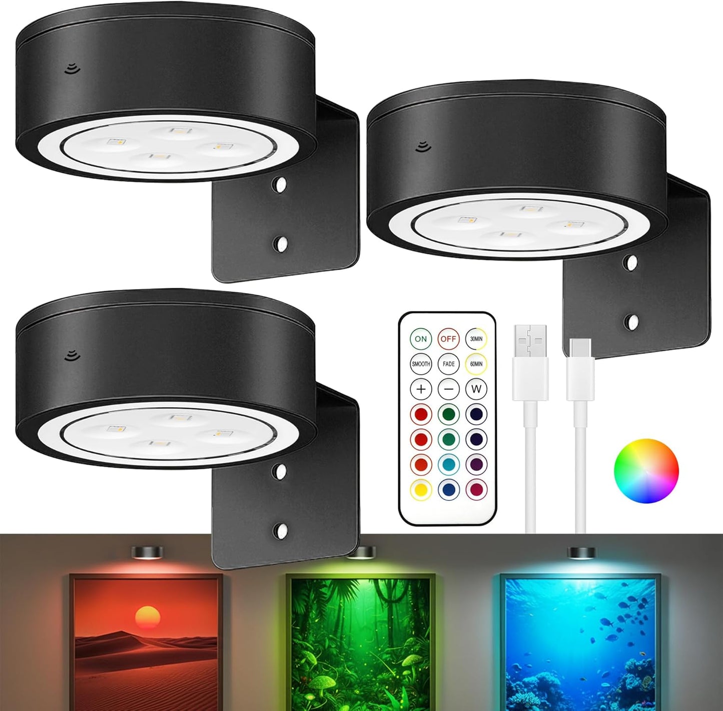 3Pack Picture Lights for Wall, RGB Color Changing Led Art Display Light with Rechargeable Battery Operated, Magnetic Painting Light with Remote Control, Wireless Home Wall Decorative Lighting, Black