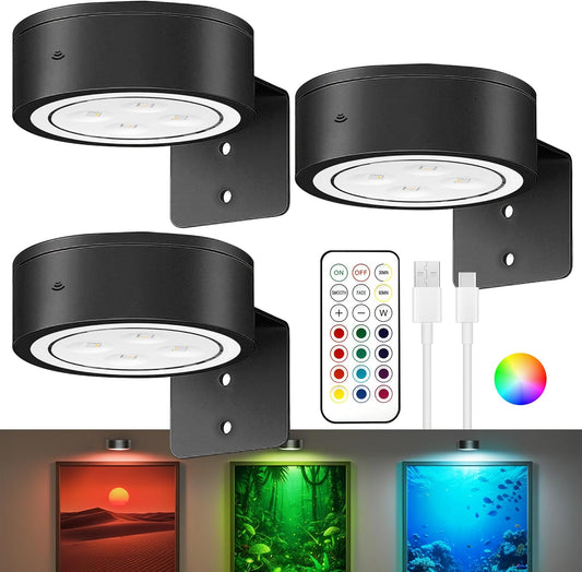 3Pack Picture Lights for Wall, RGB Color Changing Led Art Display Light with Rechargeable Battery Operated, Magnetic Painting Light with Remote Control, Wireless Home Wall Decorative Lighting, Black