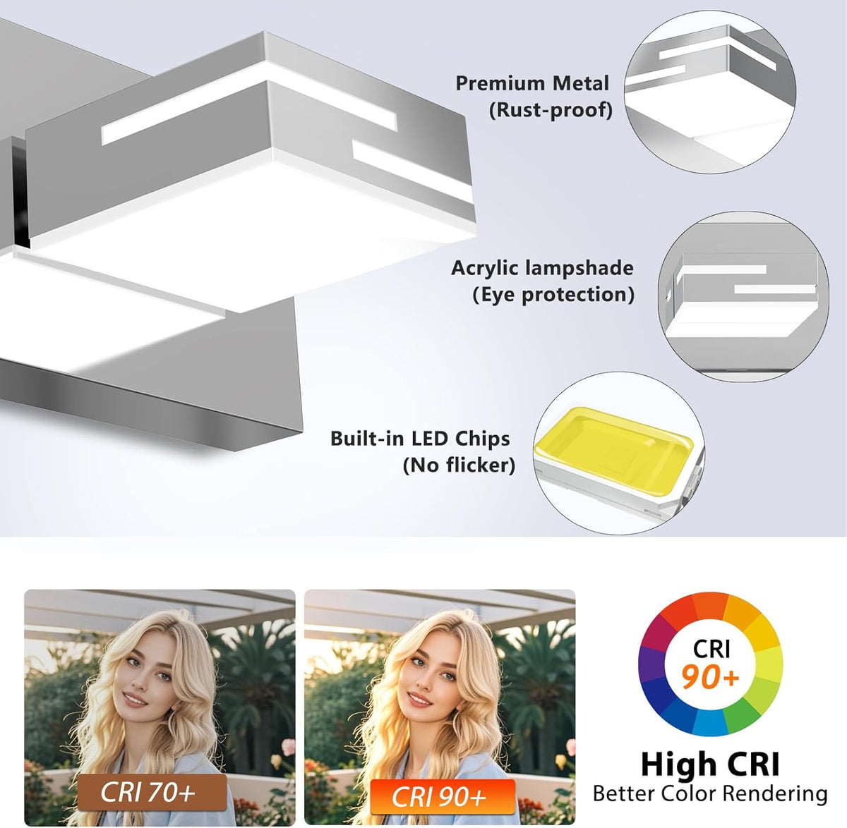 LED Modern Bathroom Vanity Light Fixtures, Dimmable Chrome Vanity Lights for Bathroom Lighting Fixtures Over Mirror, with 360° Rotatable Heads 3-Light 22-inch (Cool White 6000K)