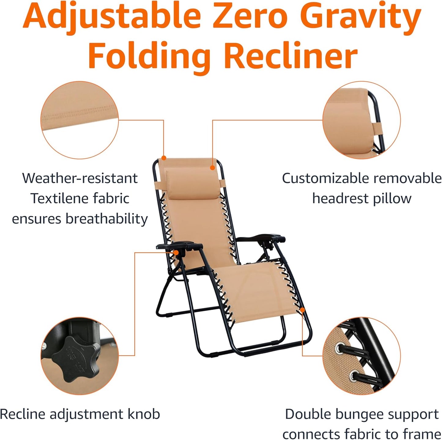Amazon Basics Zero Gravity Lounge Chair with Pillow, Foldable Outdoor Reclining Chair for Patio and Beach, Weather-Resistant Textilene, 300 lb Capacity, 26", Beige