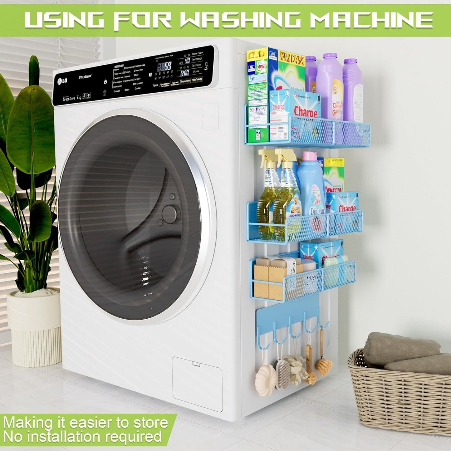 4 Pack Magnetic Shelves for Washing Machine, Heavy-Duty Magnetic Laundry Organizer with Hooks, Washing Machine Shelf for Refrigerator, Metal Storage Baskets, Closet & Laundry Room Organization (Blue)