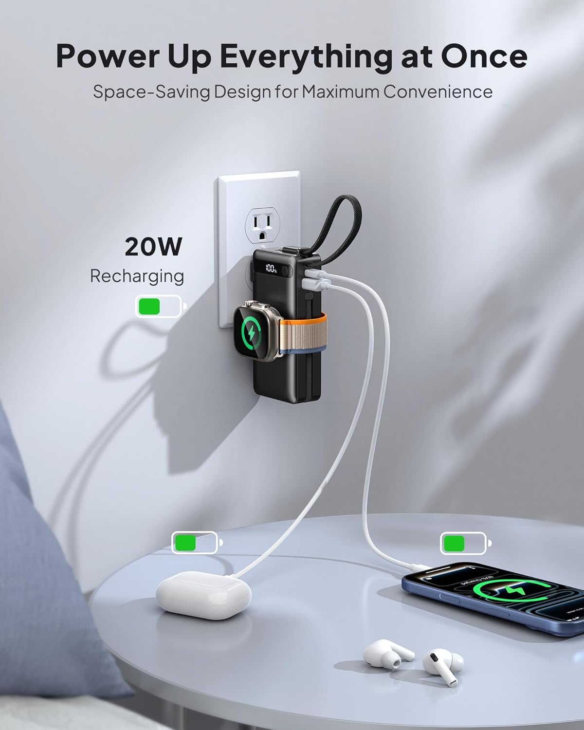 Portable Charger with Built-in Cables & Wall Plug, 50% Smaller 10000mAh Power Bank, 22.5W USB C Fast Charging, Travel Essentials Battery Pack for iPhone 17/16/15/14, Apple Watch Ultra/11/10/9/8/SE
