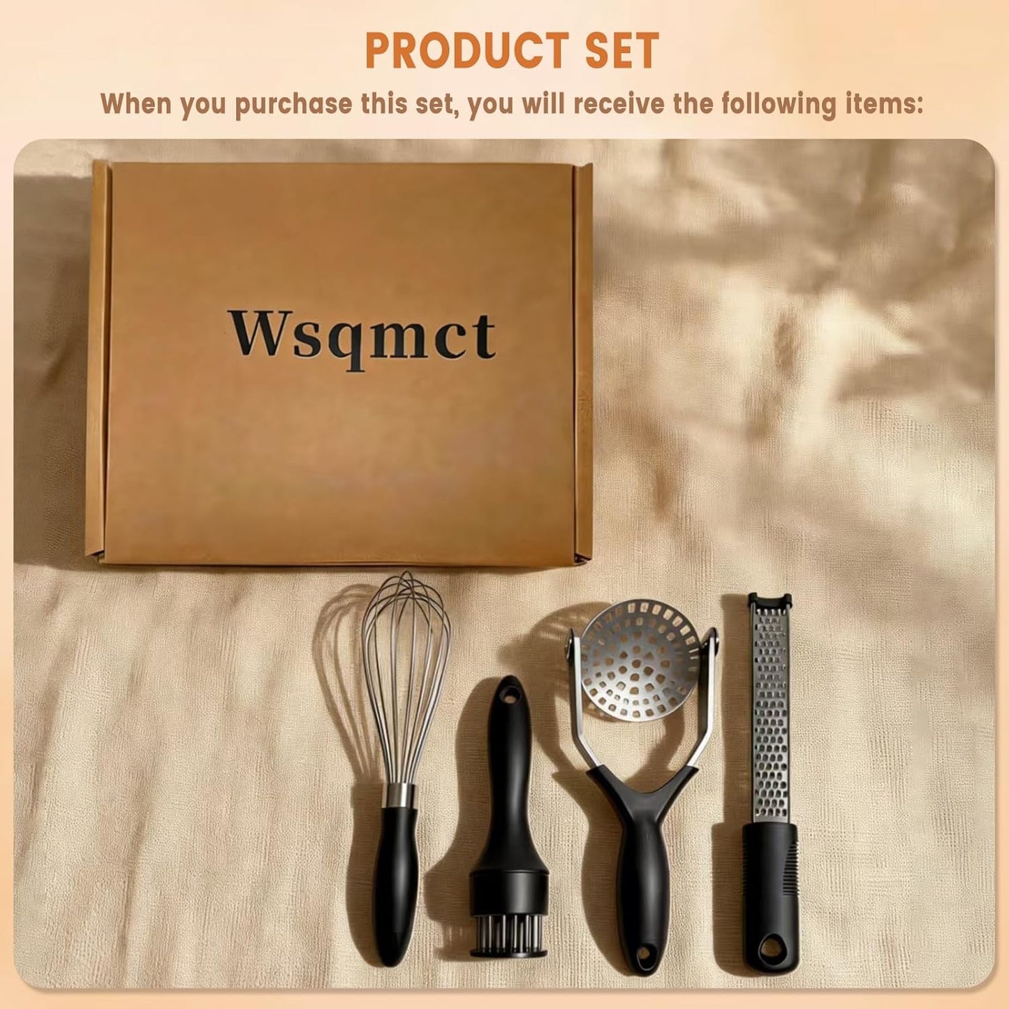 4-Piece Kitchen Gadget Set - Includes Balloon Whisk, Meat Tenderizer, Potato Masher, Grater/Zester, 304 Stainless Steel, Dishwasher Safe