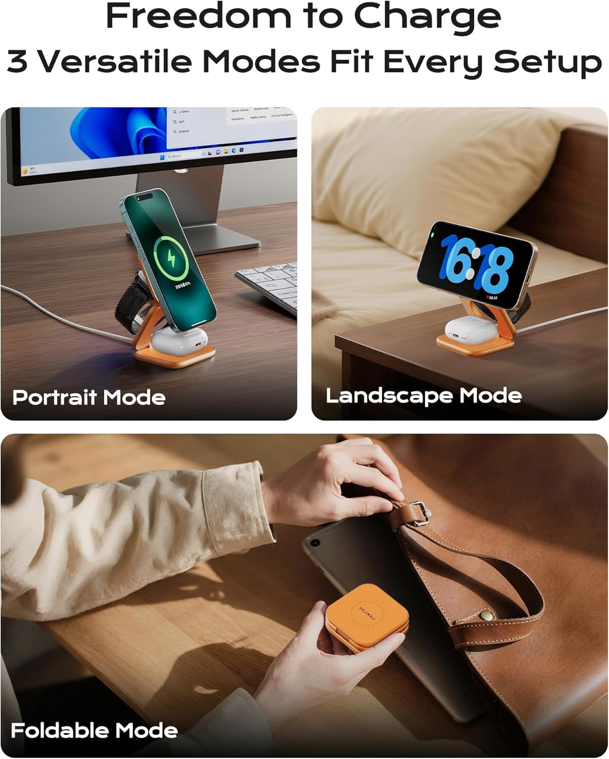 KU XIU Qi2.2 25W Magnetic Wireless Charger, Foldable 3 in 1 Travel Charging Station for iPhone 17/16/15/14/13/12, 5W for Apple Watch & AirPods, Aluminum Alloy Design, 45W GaN Adapter Included, Orange