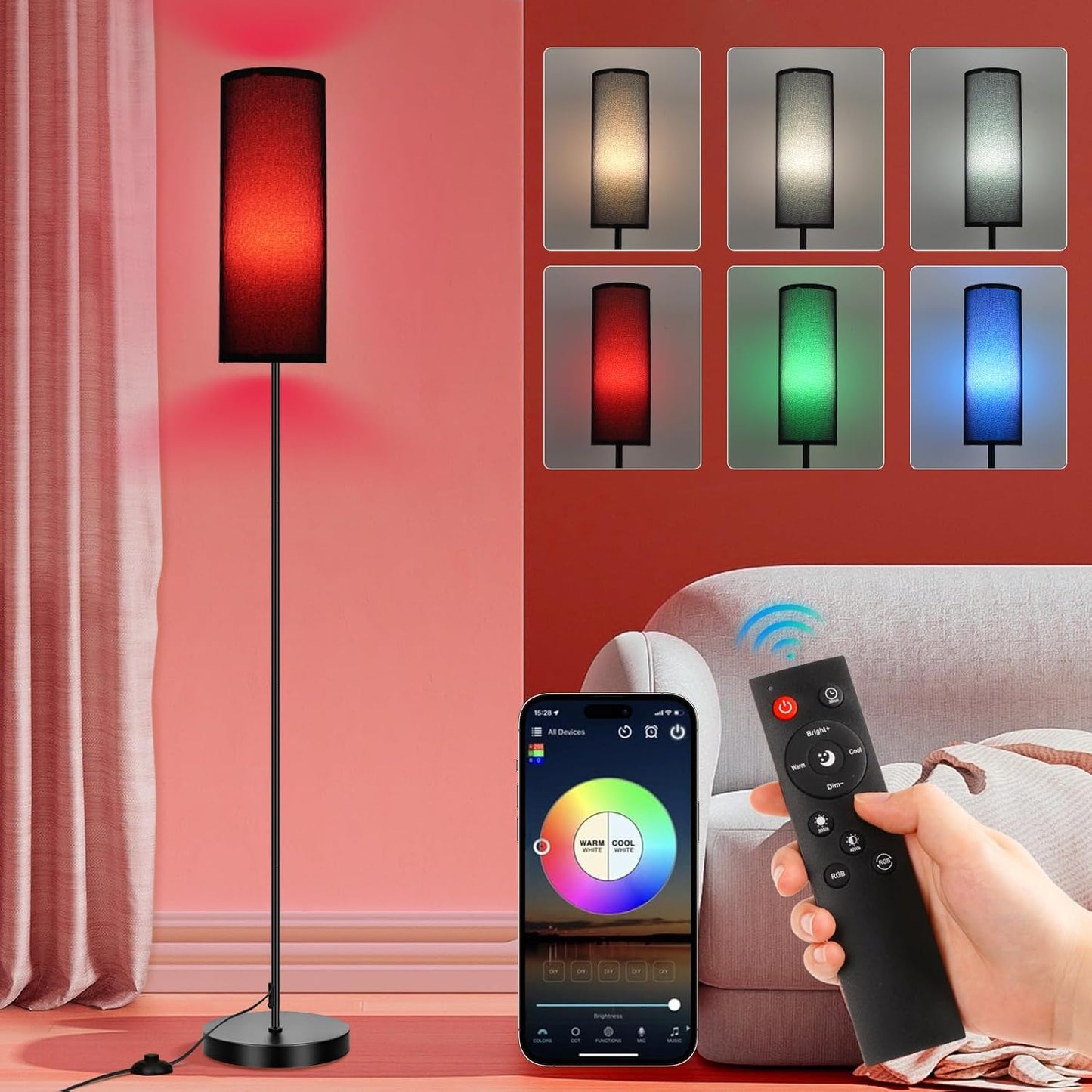 FRIDEKO HOME Floor Lamp, Color Changing Ambient Lighting for Living Room Bedroom, Standing Lamp with App & Remote Control, Tall Corner Lamp for Christmas Home Decor, 9W 800LM, Foot Switch, Black Shade