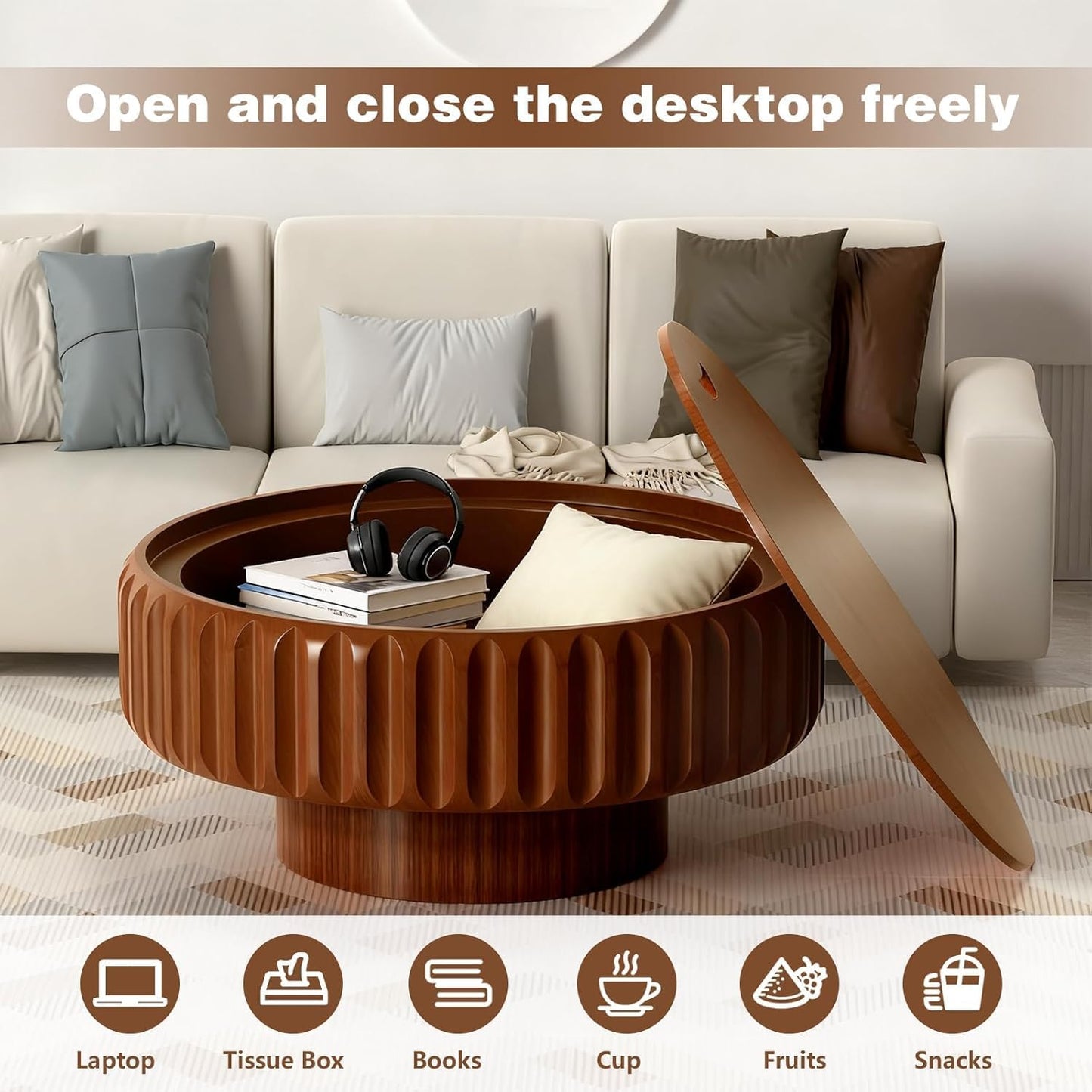 39.4 in Brown Round Drum Coffee Table with Storage | Modern Round Fluted Storage Center Table Handcrafted Solid Wood Fluted Edge, Cylindrical Base For Living Room, Apartment