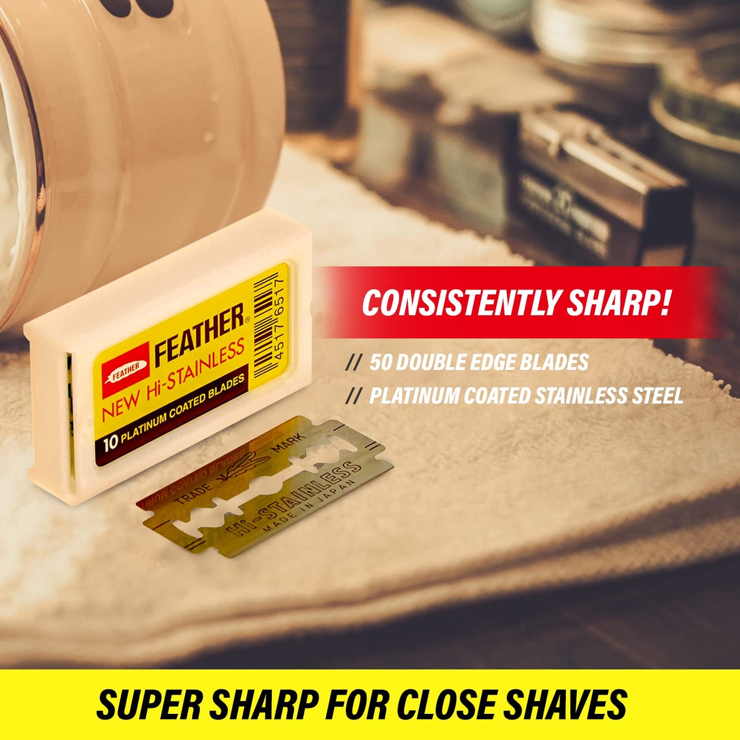 Feather Double Edge Safety Razor Blades - (50 Count) - Platinum Coated Hi-Stainless Steel Razor Blades - Fits Most Safety Razors - Super Sharp for Close Shaves - Japanese Quality