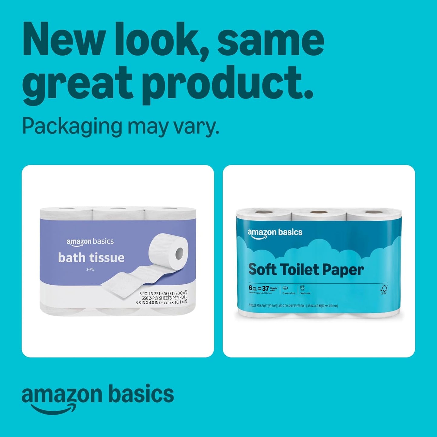 Amazon Basics 2-Ply Soft Toilet Paper, 30 Rolls (5 Packs of 6), 350 Sheets per Roll, Septic Safe, Equivalent to 185 Regular Rolls