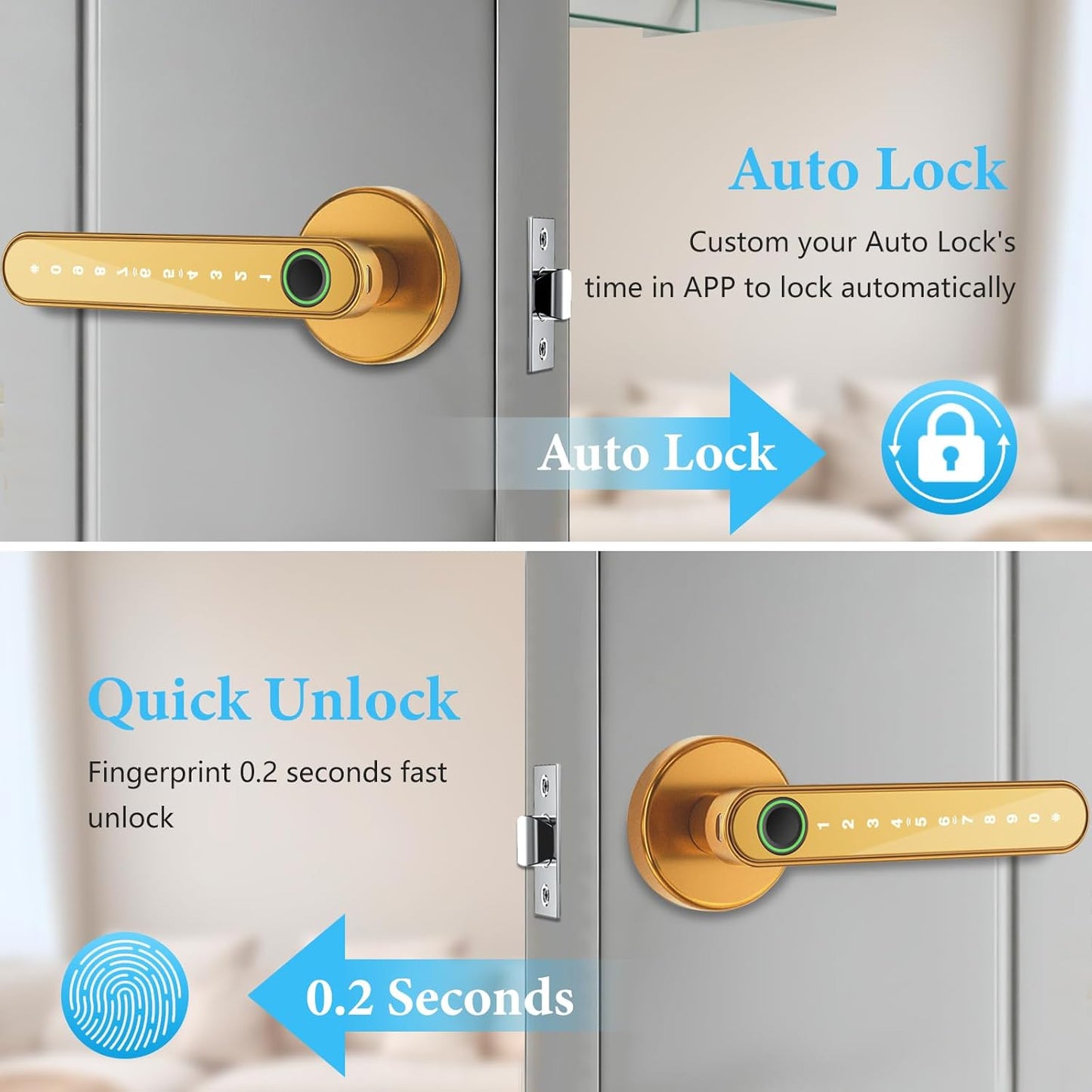 Fingerprint Door Lock Biometric Door Knob with Keypad Keyless Entry, Door Locks for Bedrooms, Home Hotel Office Apartment Gold