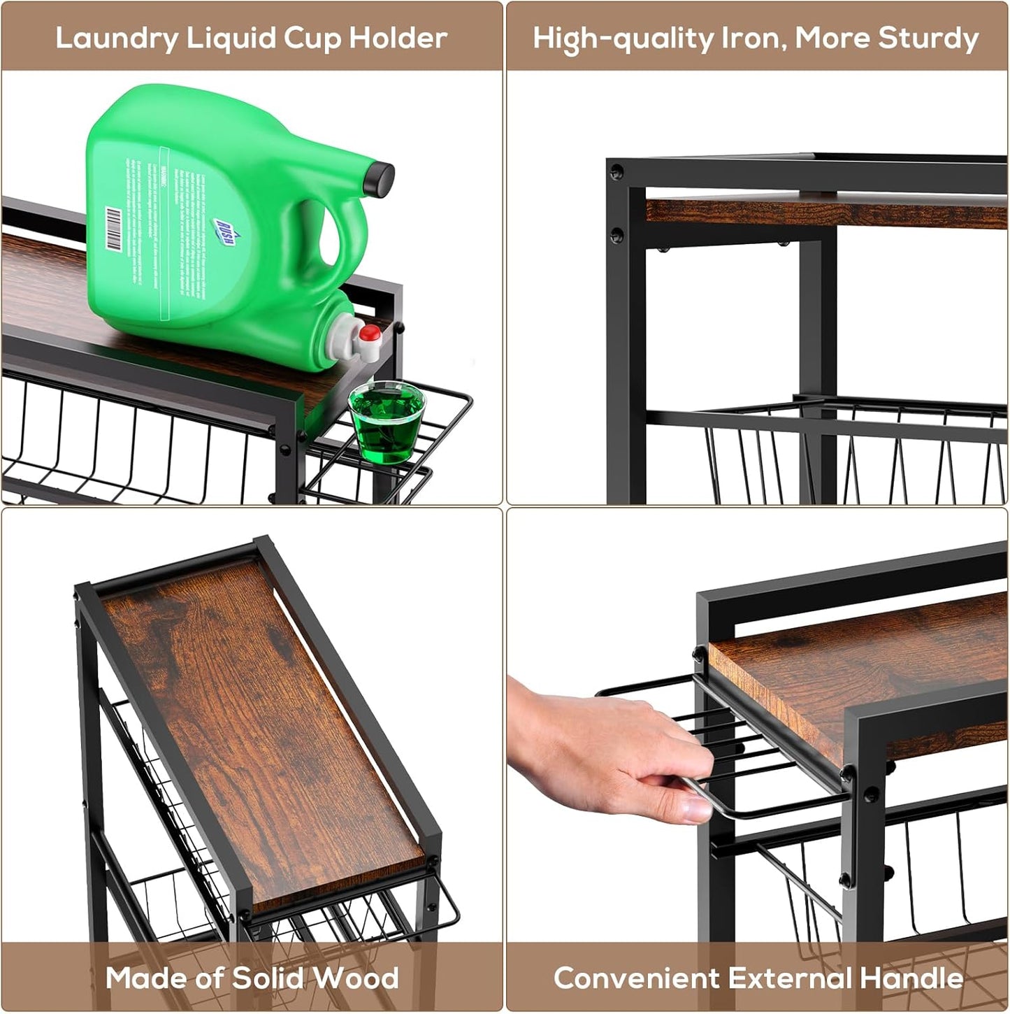4 Tier Slim Rolling Storage Cart with Pull-Out Baskets, Narrow Sliding Storage Slim Laundry Rolling Cart Between Washer and Dryer