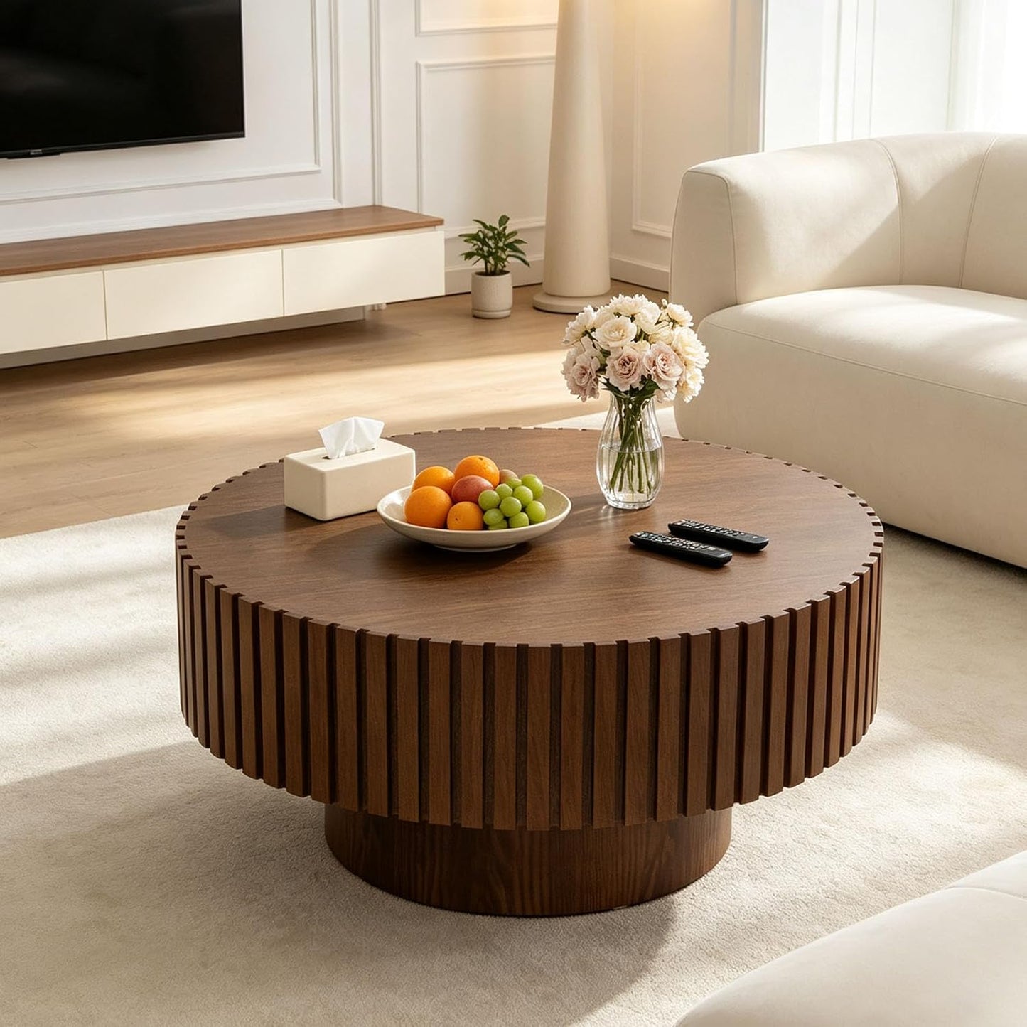 Unique Fluted Coffee Table with Sturdy Pedestal (F Round Brown 31.5in) | Modern Handcraft Drum Side End Table Easy Assembly for Living Room Apartment