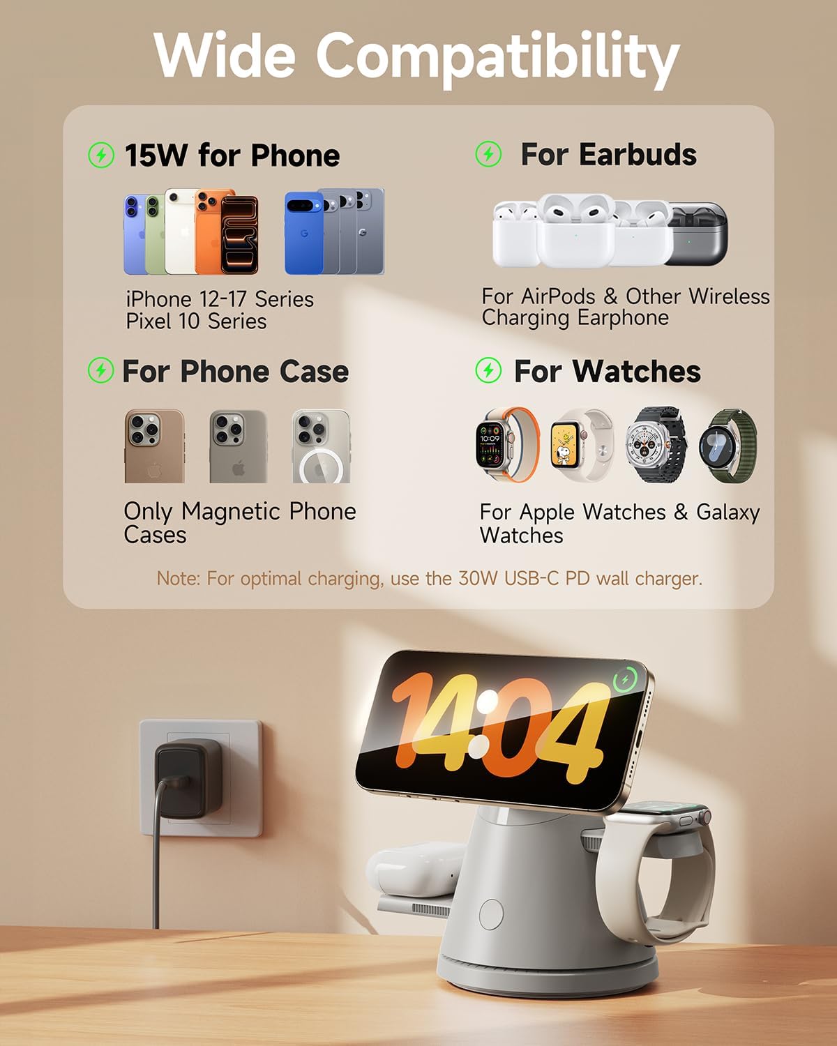 Nightstand 4-in-1 Wireless Charging Station, 15W Fast with Night Light | Wireless Charger, Magnetic Charging Stand for iPhone 17-12, Apple Watch, AirPods, motorized dock (Adapter Included)