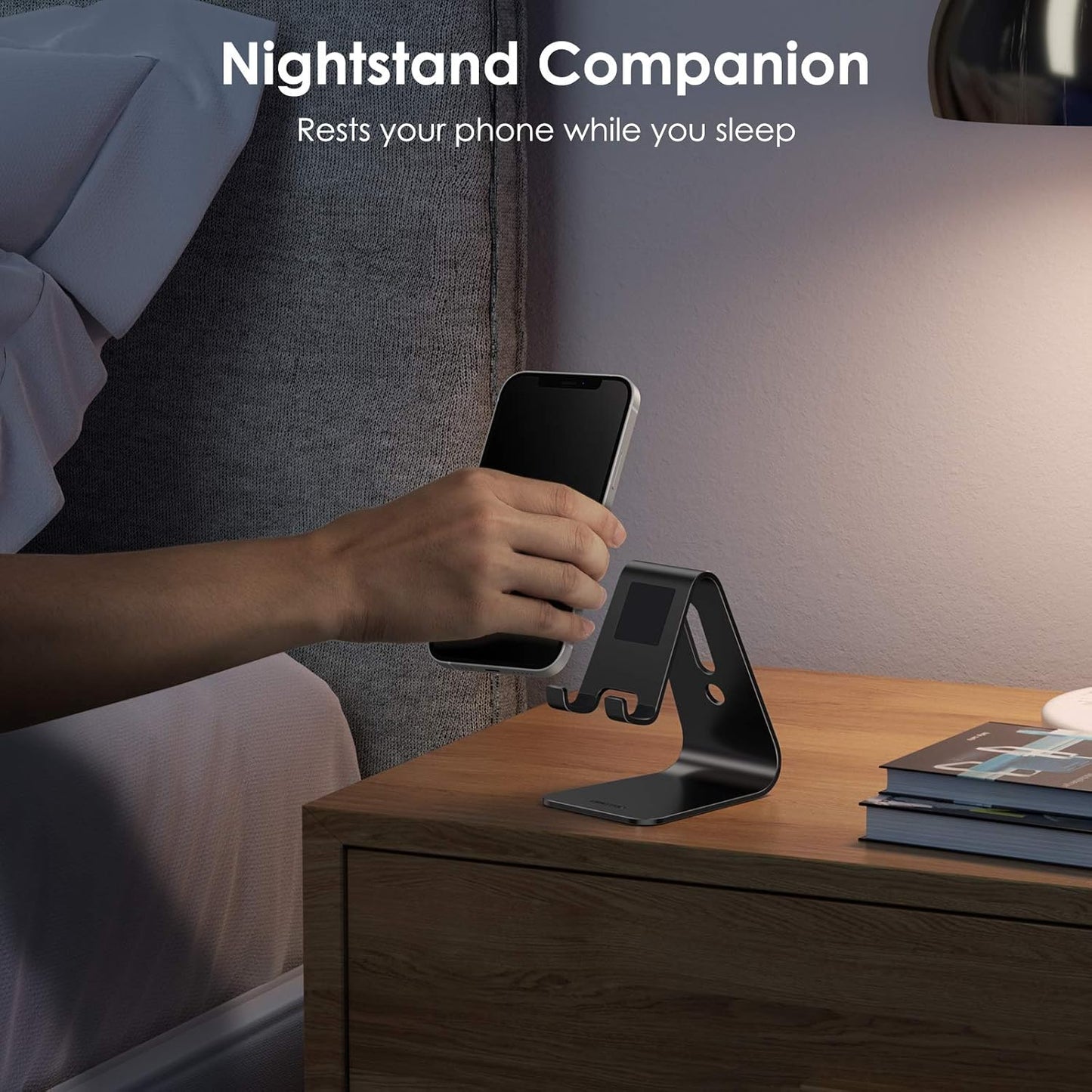 OMOTON Upgraded Aluminum Cell Phone Stand, C1 Durable Cellphone Dock with Protective Pads, Smart Stand Designed for iPhone 17 Air, 16/15/14/13 Pro Max XR XS, iPad mini, Android Phones, Black