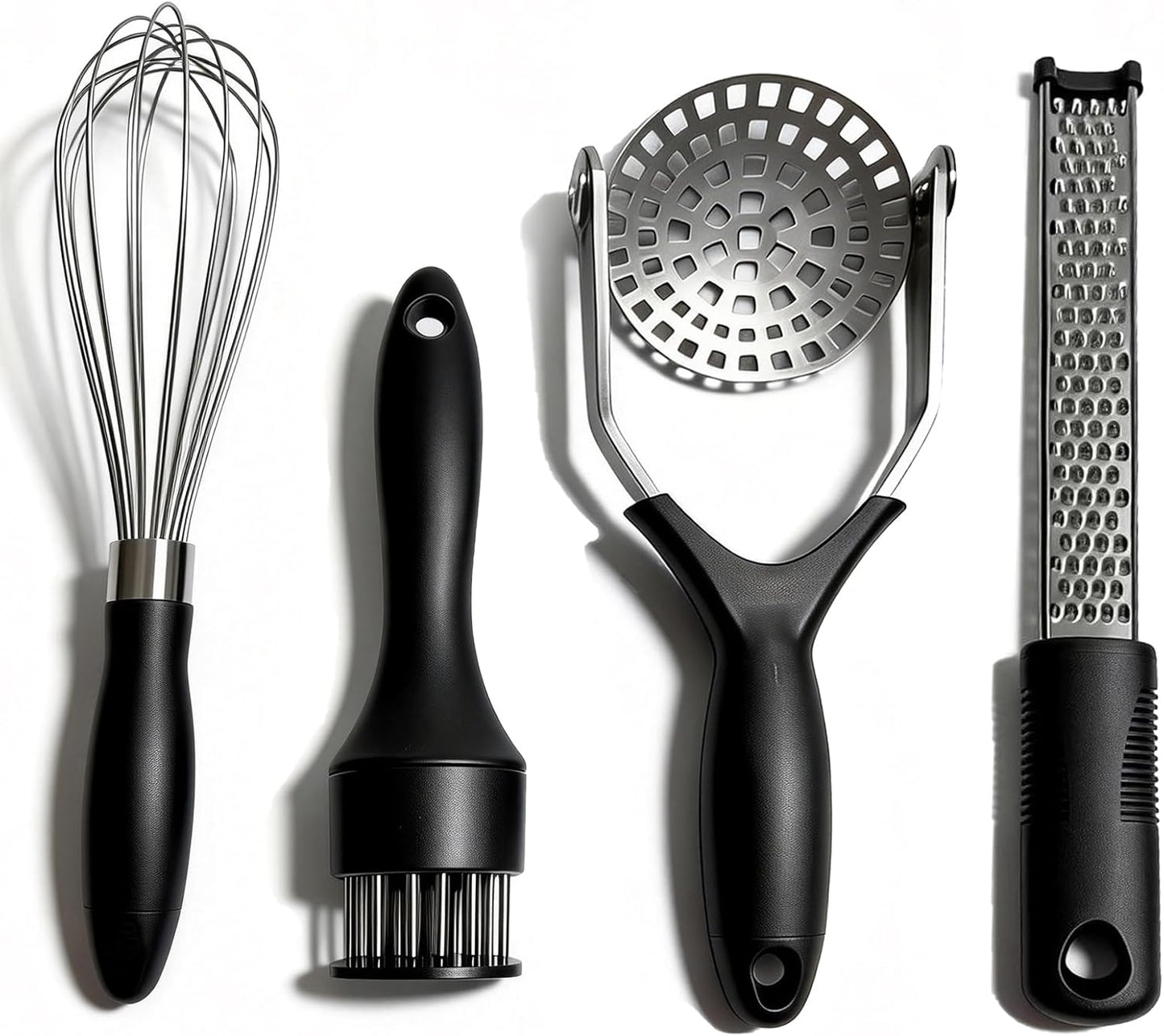 4-Piece Kitchen Gadget Set - Includes Balloon Whisk, Meat Tenderizer, Potato Masher, Grater/Zester, 304 Stainless Steel, Dishwasher Safe