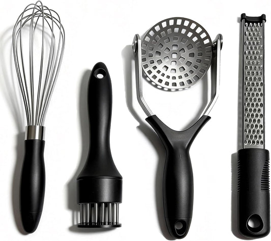 4-Piece Kitchen Gadget Set - Includes Balloon Whisk, Meat Tenderizer, Potato Masher, Grater/Zester, 304 Stainless Steel, Dishwasher Safe