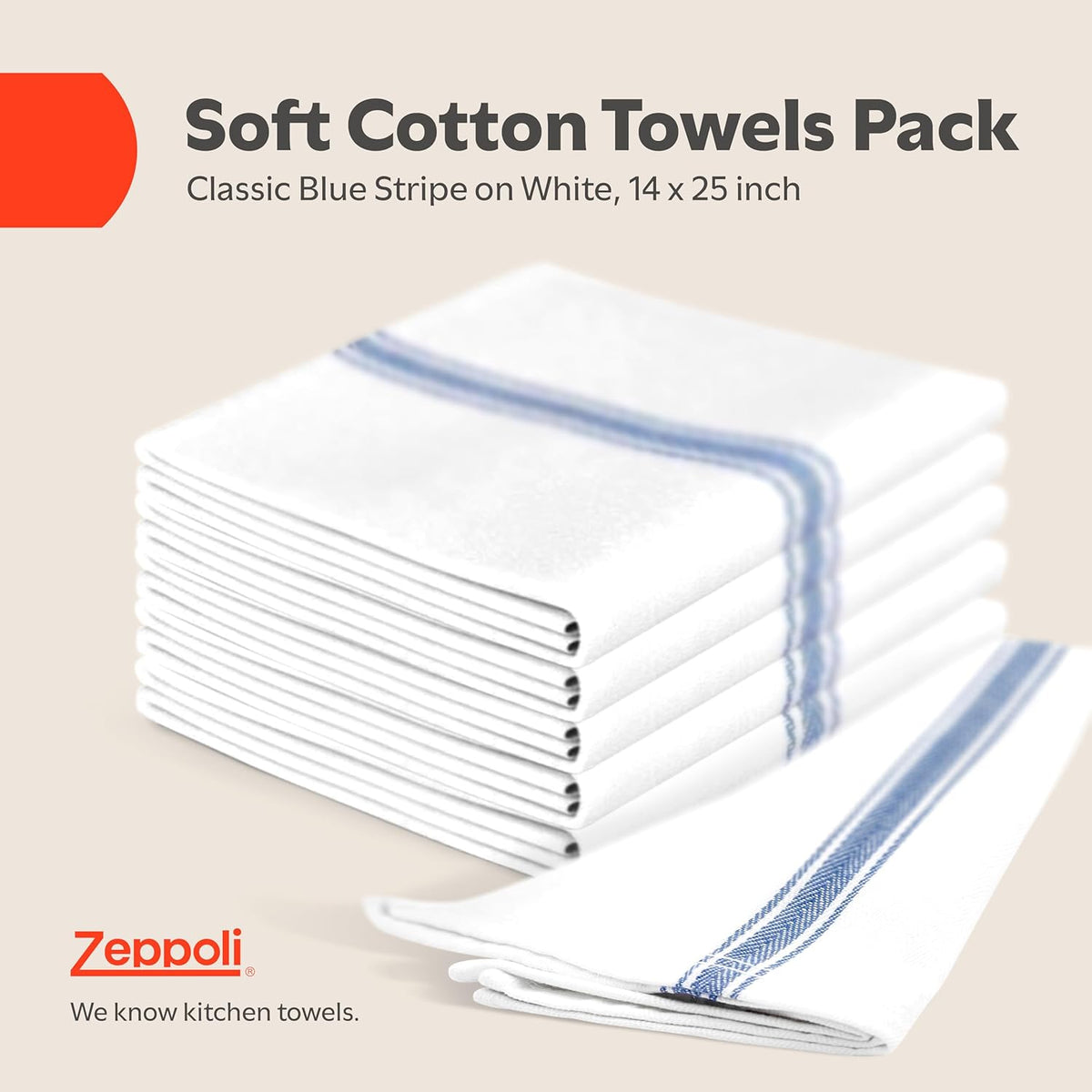 Zeppoli Classic Kitchen Towels - 45 Pack 100% Natural Cotton Towel Set, Reusable Wash Cloths, Absorbent Dish Towels, Machine Washable Hand Towels, Kitchen Essentials -14” by 25”, Blue Striped