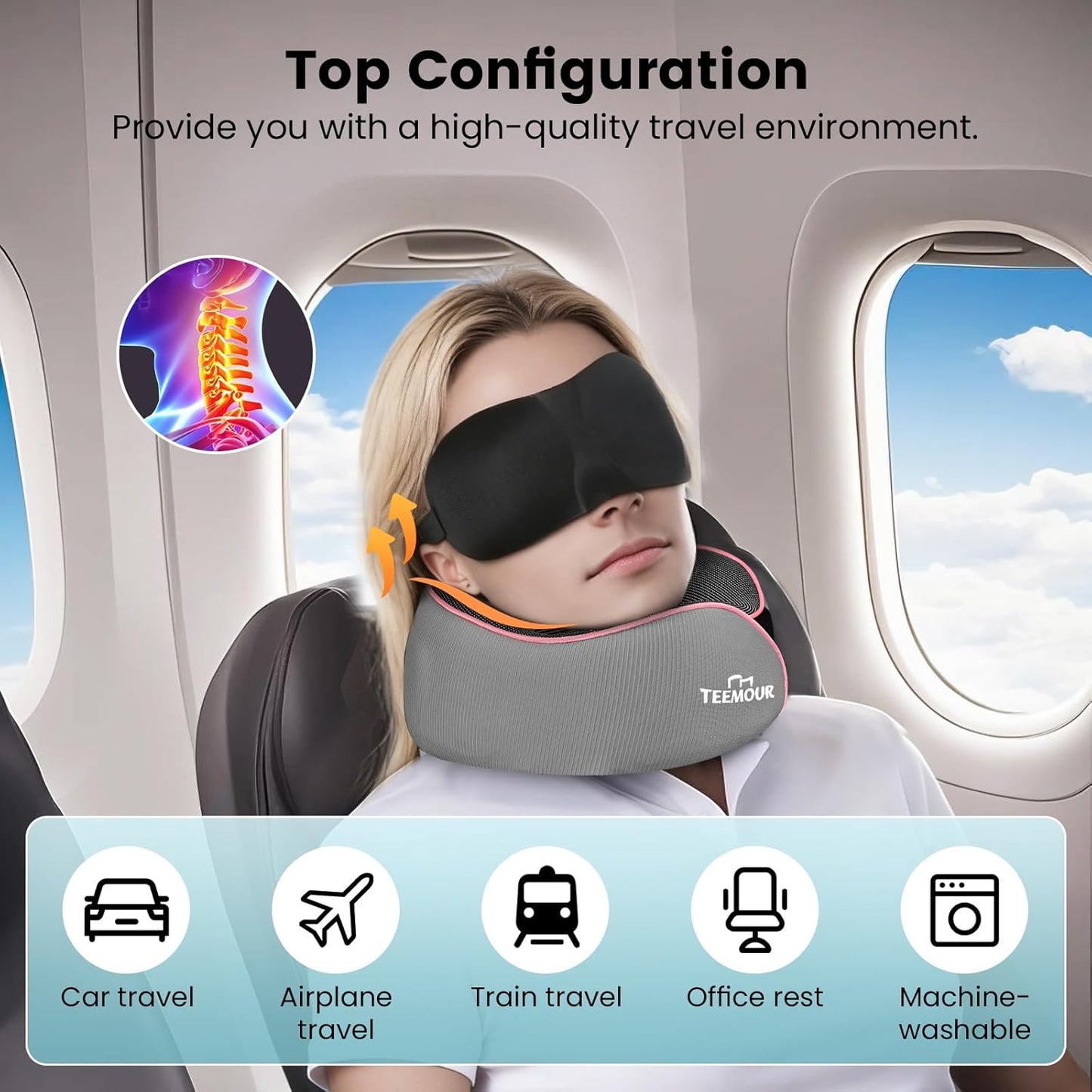 Teemour Travel Neck Pillow Airplane- Upgraded Memory Foam Neck Pillow for Airplanes 360° Support Desing, with Eye Mask & Earplugs, Portable Carry Bag for Long Flights, Business Trip|Travel Essentials