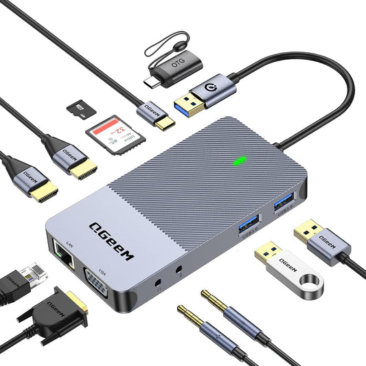 QGeeM USB 3.0 Laptop Docking Station,Triple Display USB Hub Hdmi Splitter Extender Dual Monitor,USB Dock with 2 HDMI,VGA,USB 3.0,Compatible for MacBook M1 M2 M3 M4 Dell HP Lenovo Mac OS-Classic Gray