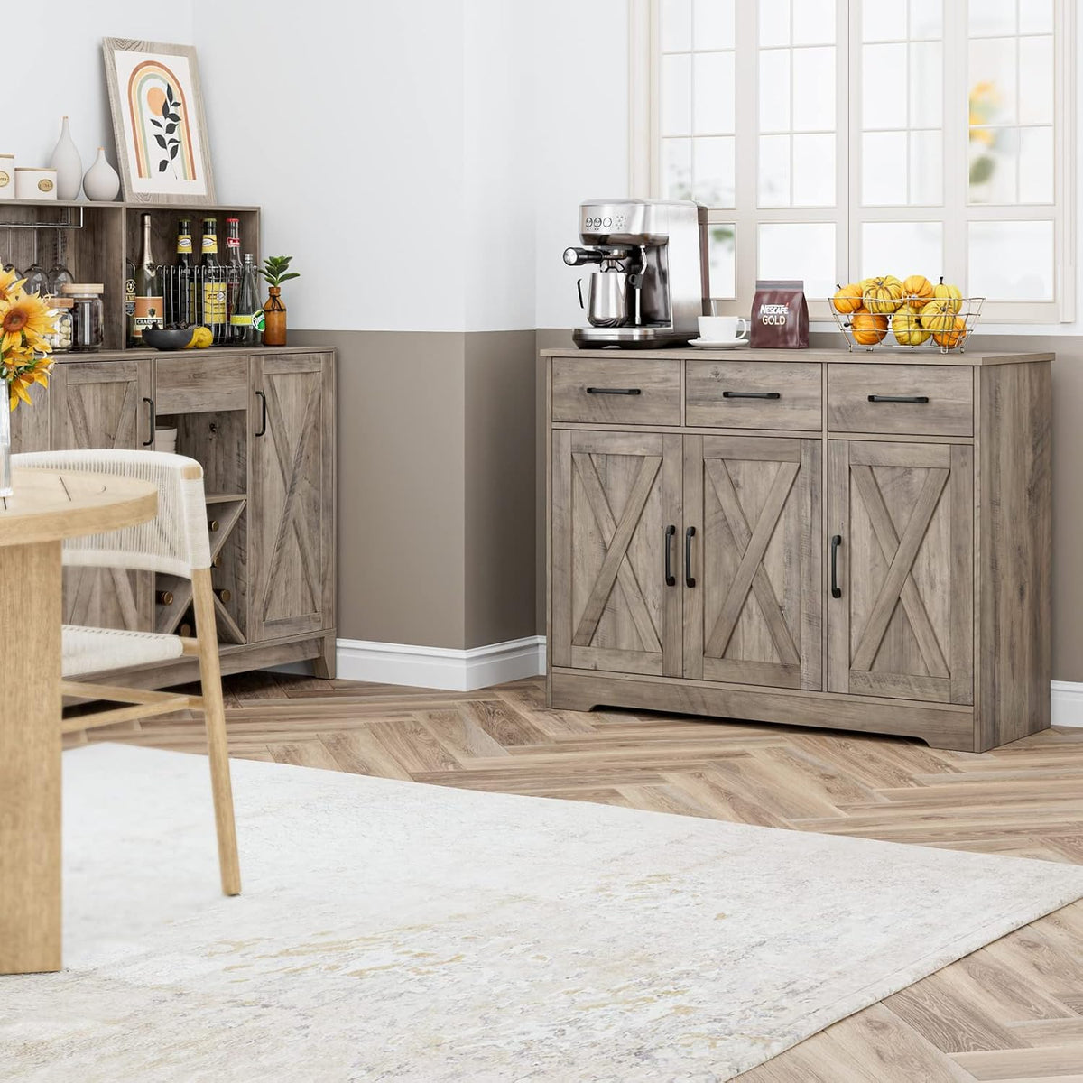 HOSTACK Kitchen Buffet Cabinet with Storage, Sideboard Coffee Bar, Grey | Farmhouse Kitchen Storage Cabinet with 3 Drawers & Adjustable Shelf, 42.5"W Buffet Table for Dining Living Room, White