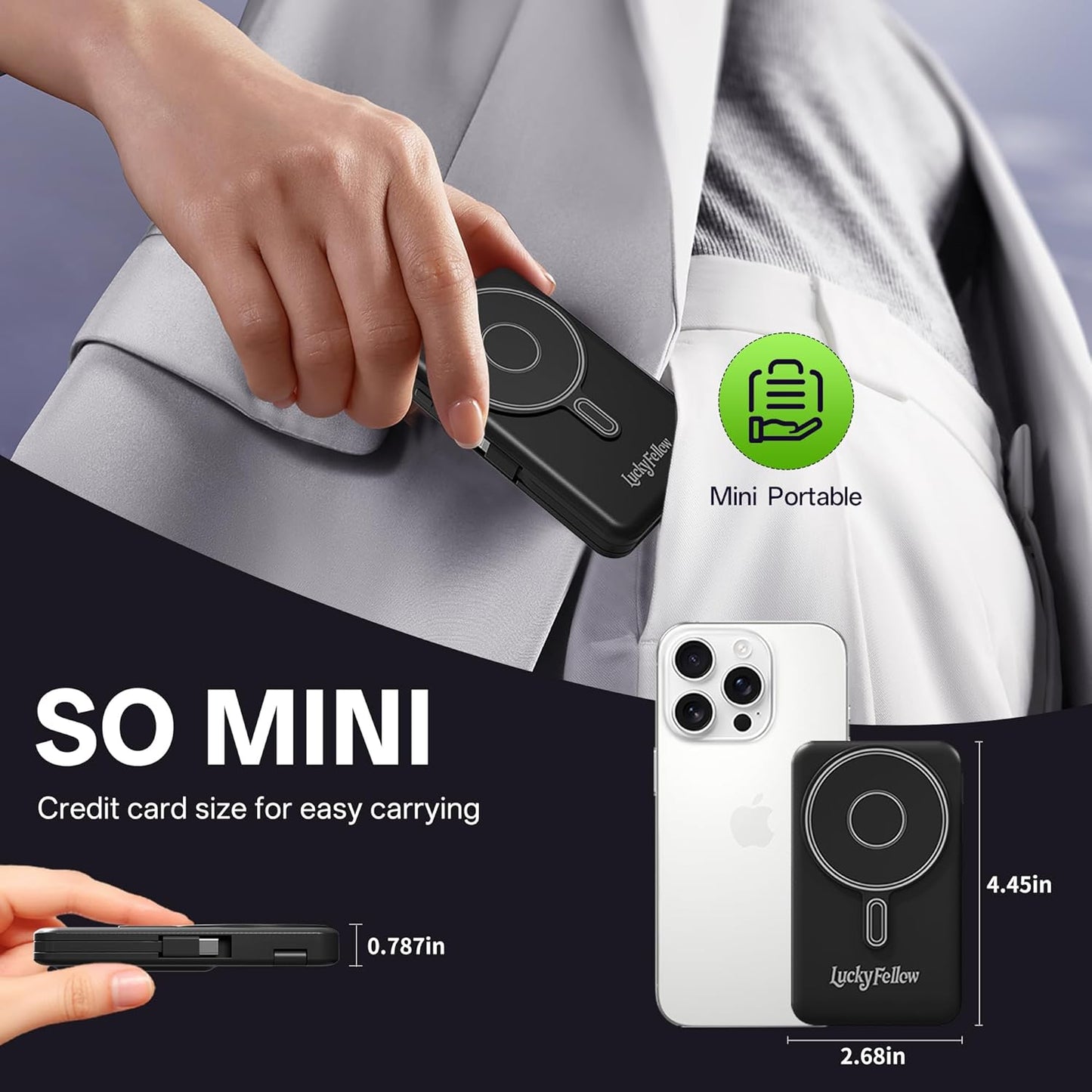 Magnetic Portable Charger Built-in Cables,10000mAh Fast Charging Wireless Charger Station External Battery Pack Slim Pocket Size Power Bank with Stand Compatible with iWatch, iPhone