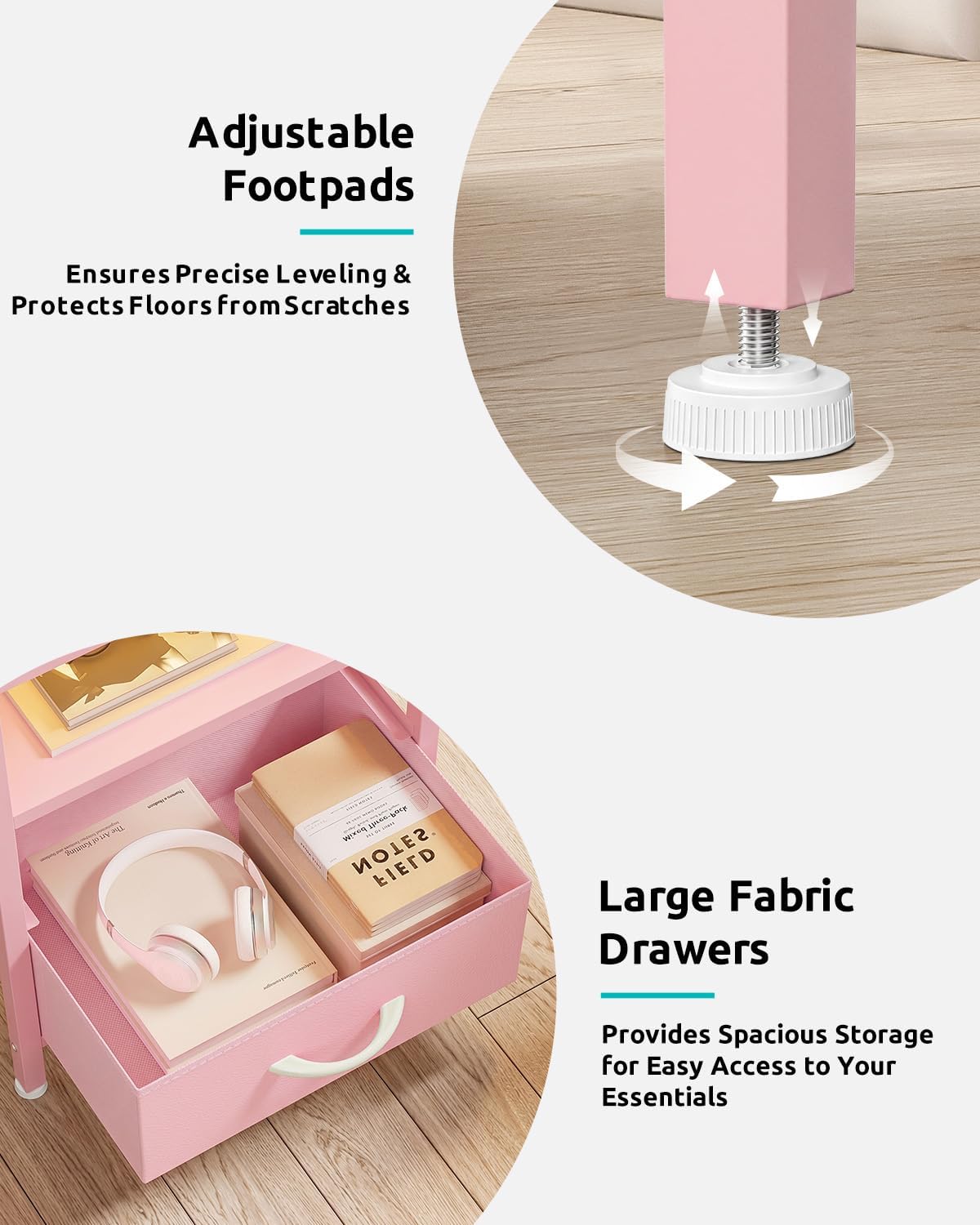 Lazzanto Night Stand Bedside Charger Bedroom - Nightstand with Charging Station & LED Light Strip, Night Stand with Storage Shelf & 2 Fabric Drawers, Morden End Table with USB Ports&AC Outlets,Pink