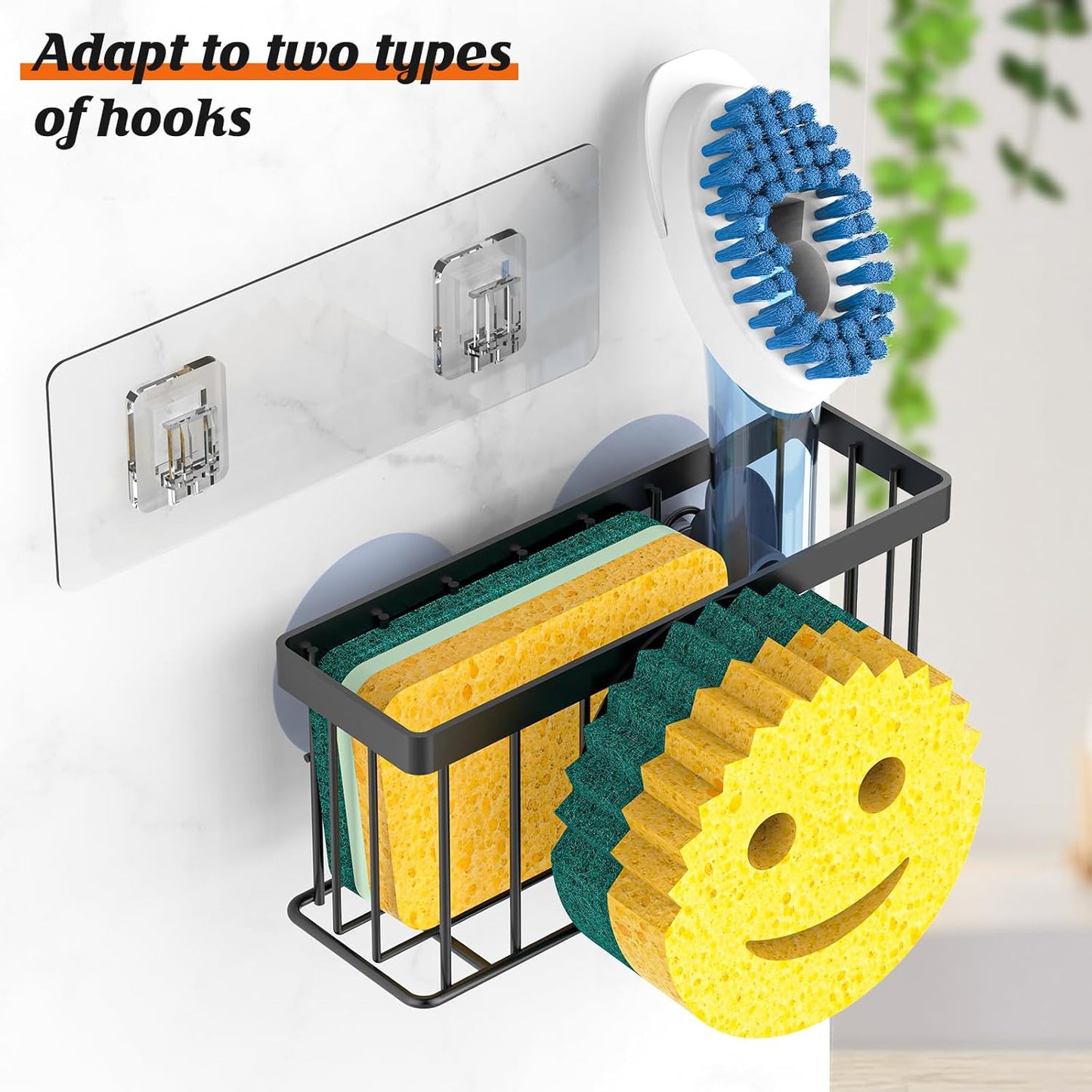 MURLONG Sponge Holder Smiley Face, Sink Organizer with 2 Suction Cups/1 Adhesive Strips, Designed for Sponge, Soap, Dish Brush, Scrubber - Black