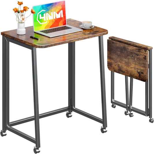 4NM 23.6" Mobile Small Folding Desk, Foldable Rolling Computer Home Office Desk, Study Writing Table for Small Space Saving Bedroom, with Wheels - Rustic Brown and Black