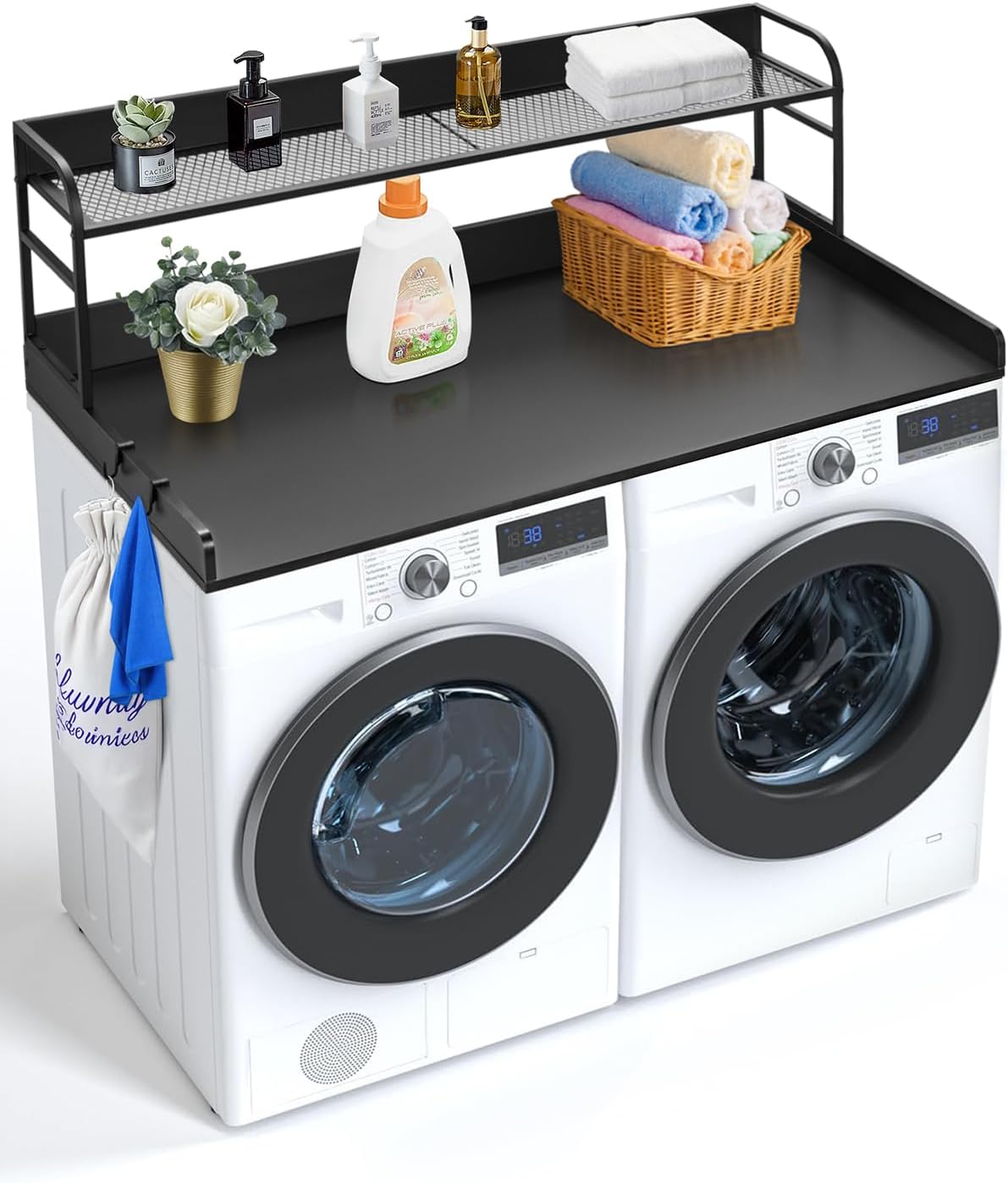 VEVOR Washer Dryer Countertop with 2-Tier Shelf, 54" x 27" Wooden Washer and Dryer Countertop with Anti-Slip Pads, Water-Resistant Laundry Topper Cover for Laundry Room Organization and Storage, Black