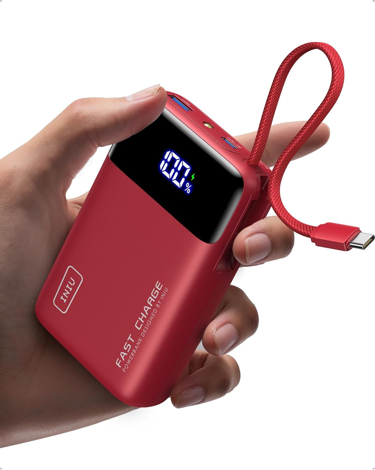 INIU 20000mAh Power Bank, Small 45W PD Fast Charging Portable Charger with Built-in USB C Cable, Flight-Safe Travel External Phone Battery Pack for iPhone 17 Pro Max Samsung S26 iPad etc, Black
