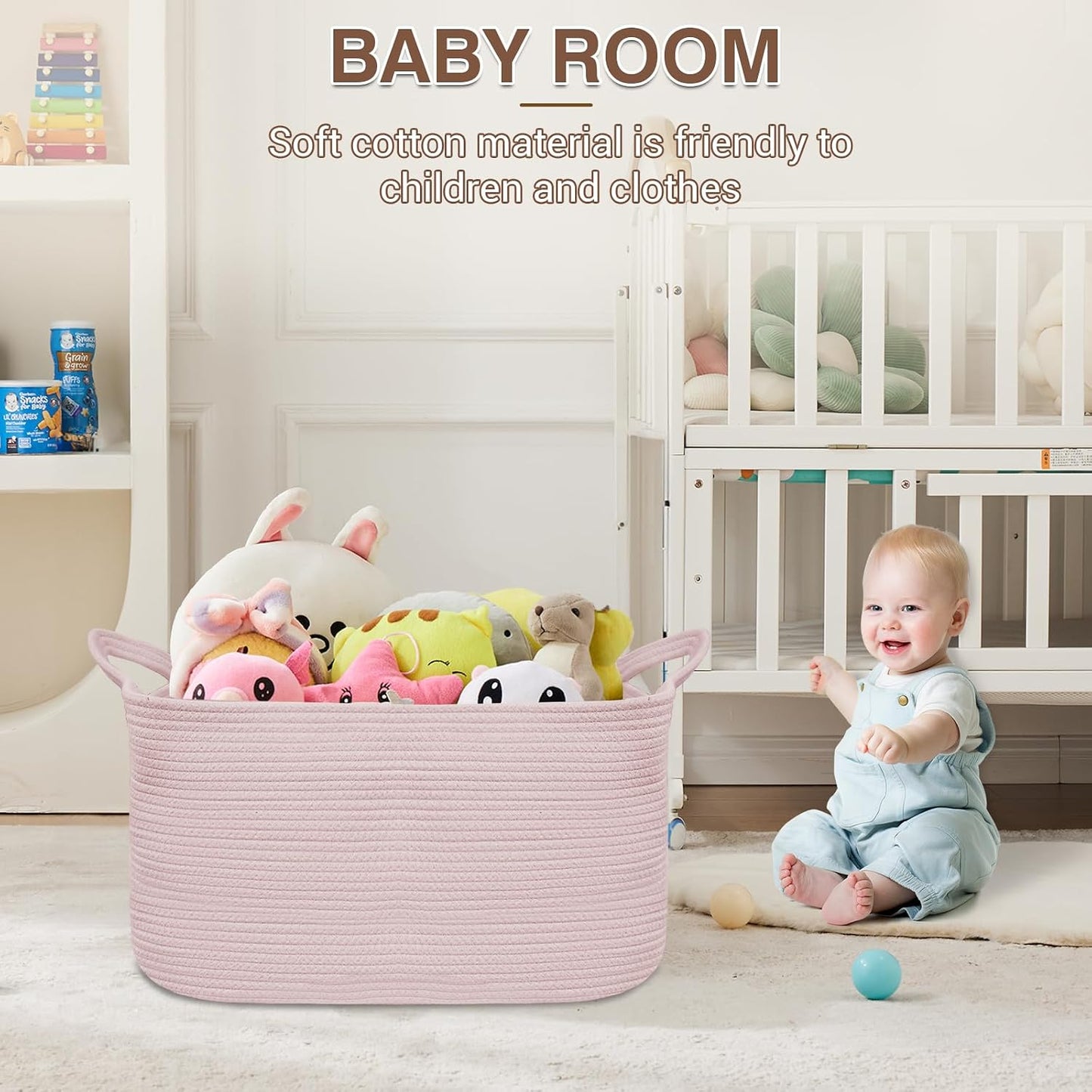 YOUDENOVA Large Blanket Basket, Rectangle Cotton Rope Storage Basket, Pink | 21.6''×14.9''×11.8'' Nursery Laundry Hamper for Storage Clothes Organizing, Woven Basket, Dirty Clothes Organizer Bins