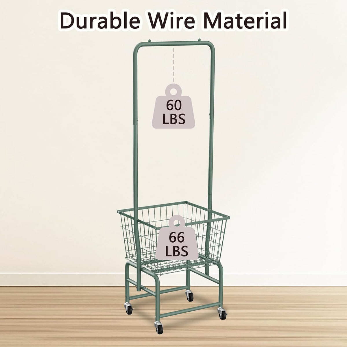 Rolling Laundry Cart with Wheels, Laundry Hamper Basket Organizer with Clothes Hanging Rack, Wire Storage Cloth Shelf Butler, Green