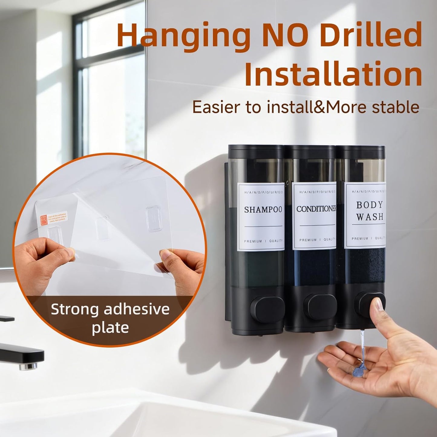 Shampoo and Conditioner Dispenser,Shower Soap Dispenser 3 Chamber No Drill Wall-Mounted Shampoo Dispenser for Shower Wall Mounted Shower Dispenser for Bathroom Hotel Large Capacity,Black