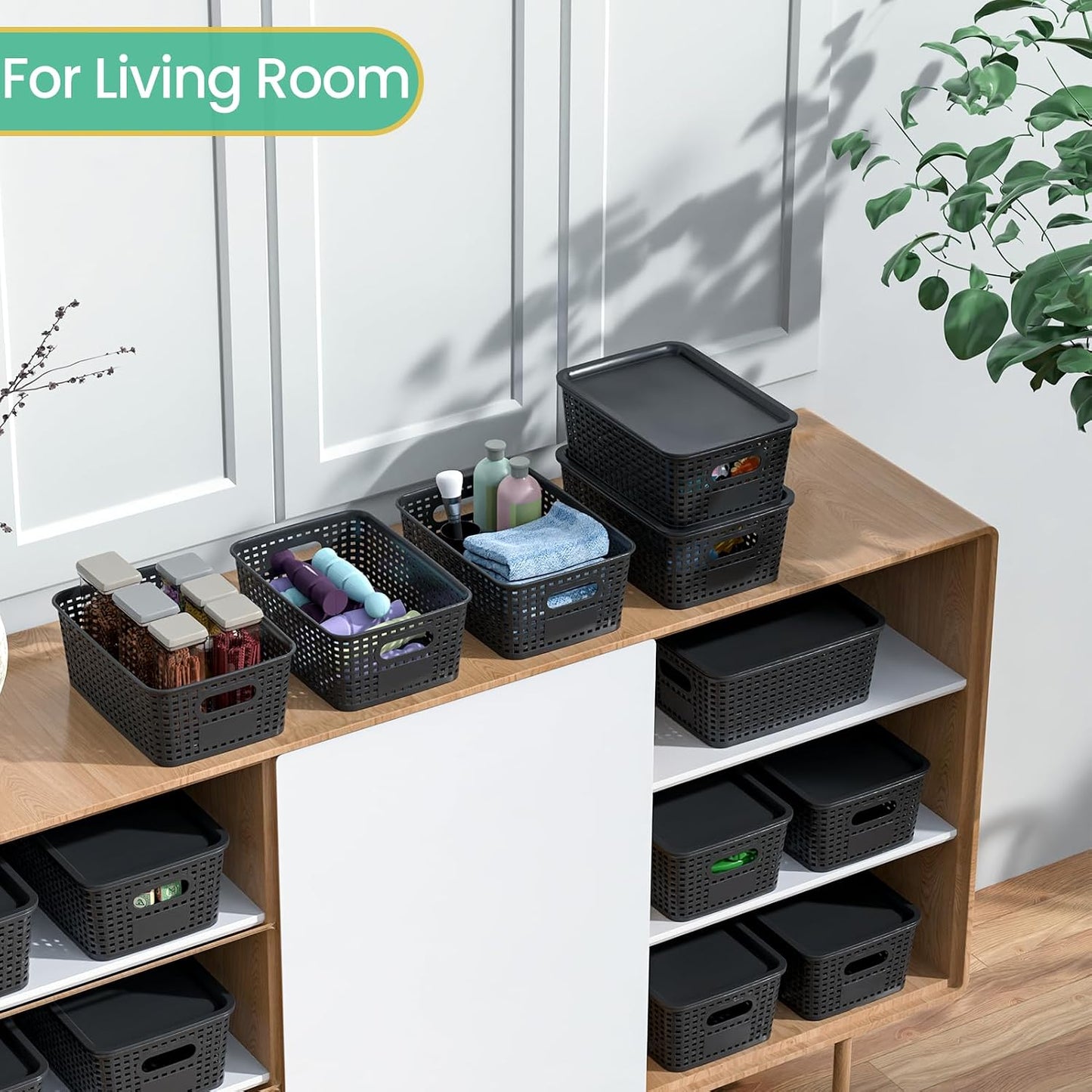 Ohmlove 8 Pack Plastic Storage Baskets with Lids for Organization | Stackable Storage bins, Storages Baskets for Organizing Shelves Drawers Desktop Closet Playroom Classroom Office, Black
